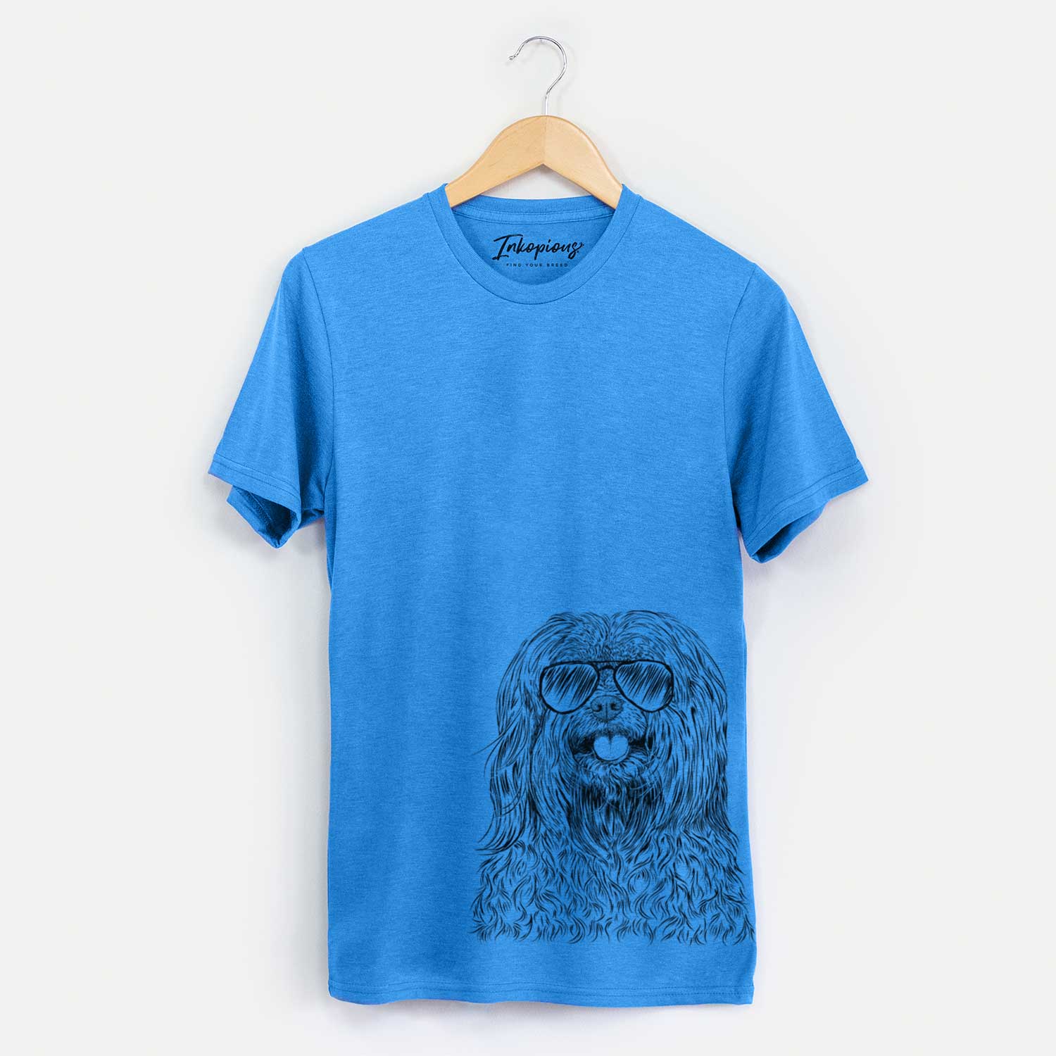 Hand-drawn sketch of Annie the Mixed Breed wearing aviator sunglasses on a Blue Unisex crewneck