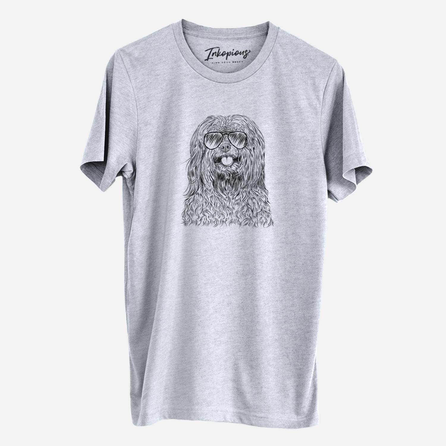 Hand-drawn sketch of Annie the Mixed Breed wearing aviator sunglasses on a Grey Unisex crewneck
