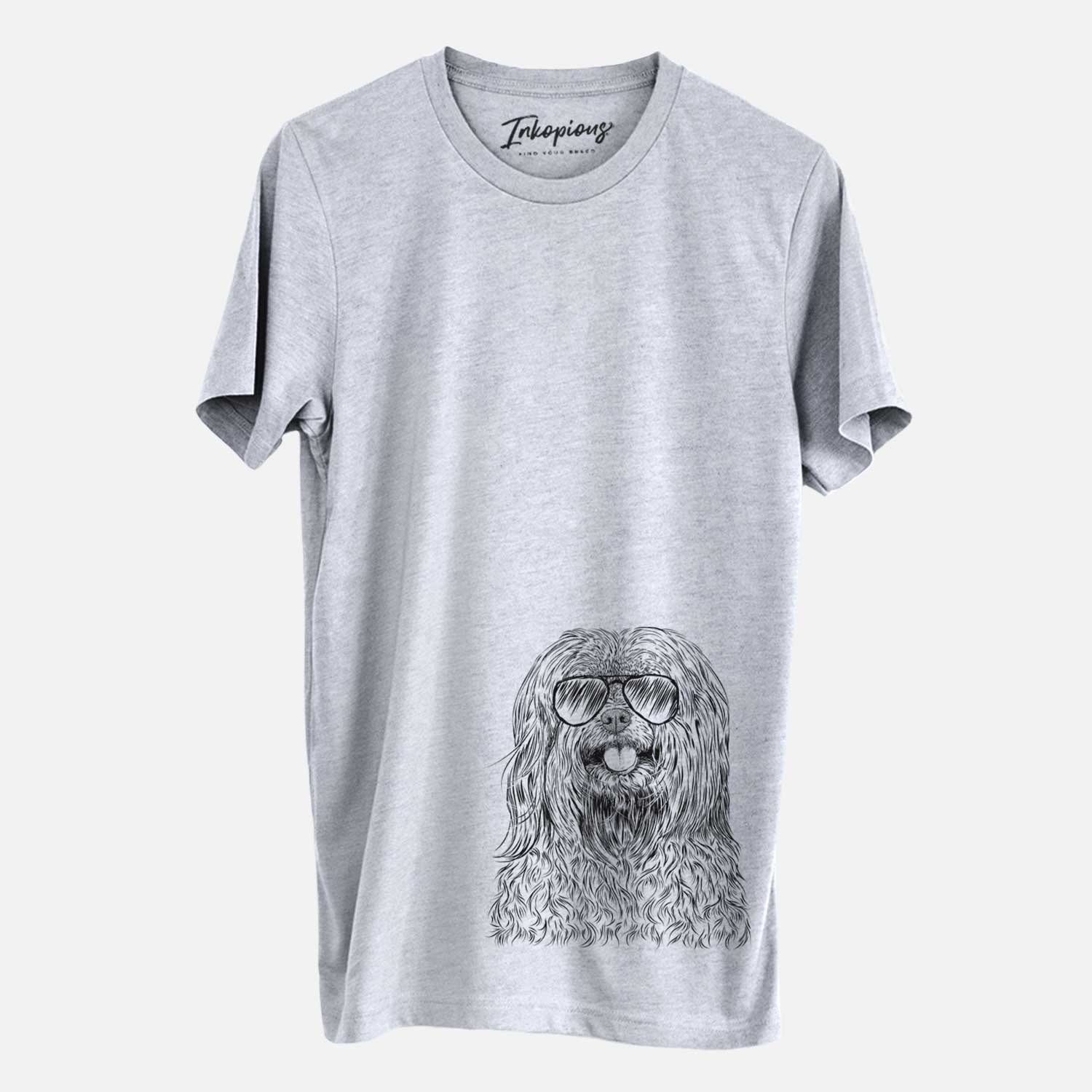Hand-drawn sketch of Annie the Mixed Breed wearing aviator sunglasses on a Grey Unisex crewneck