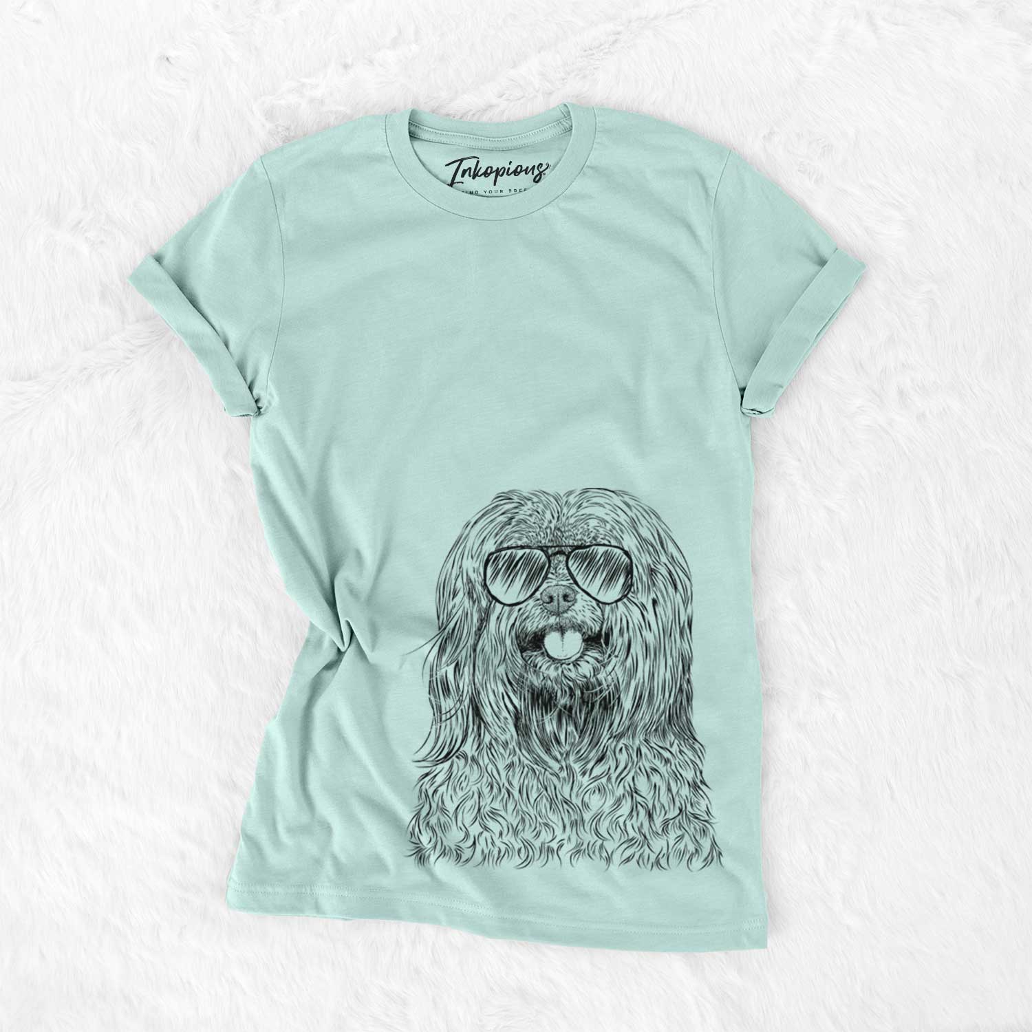 Hand-drawn sketch of Annie the Mixed Breed wearing aviator sunglasses on a Heather Sage Unisex crewneck