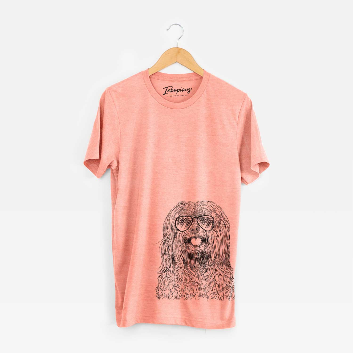 Hand-drawn sketch of Annie the Mixed Breed wearing aviator sunglasses on a Sunset Unisex crewneck
