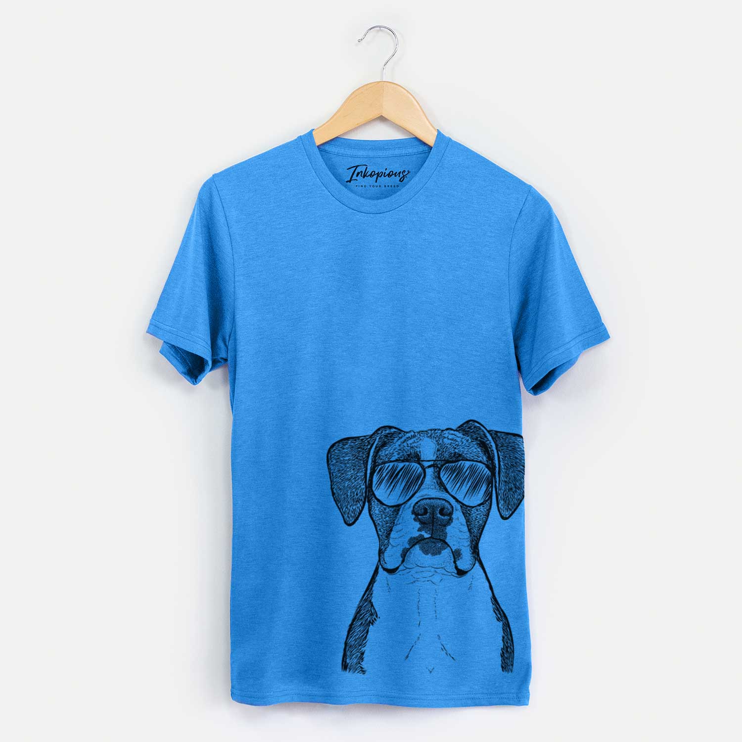 Hand-drawn sketch of Annie the Boxer wearing aviator sunglasses on a Blue Unisex crewneck