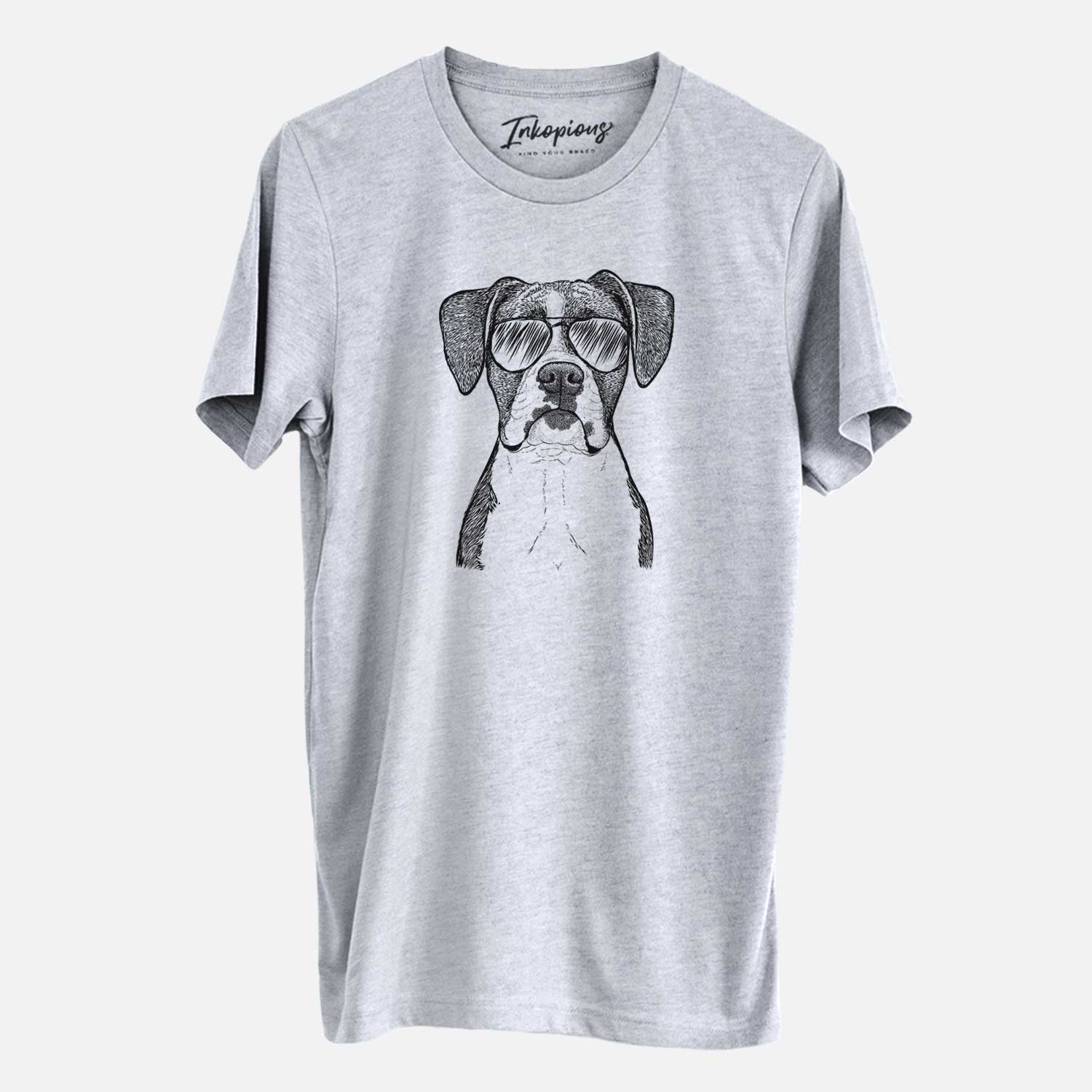Hand-drawn sketch of Annie the Boxer wearing aviator sunglasses on a Grey Unisex crewneck