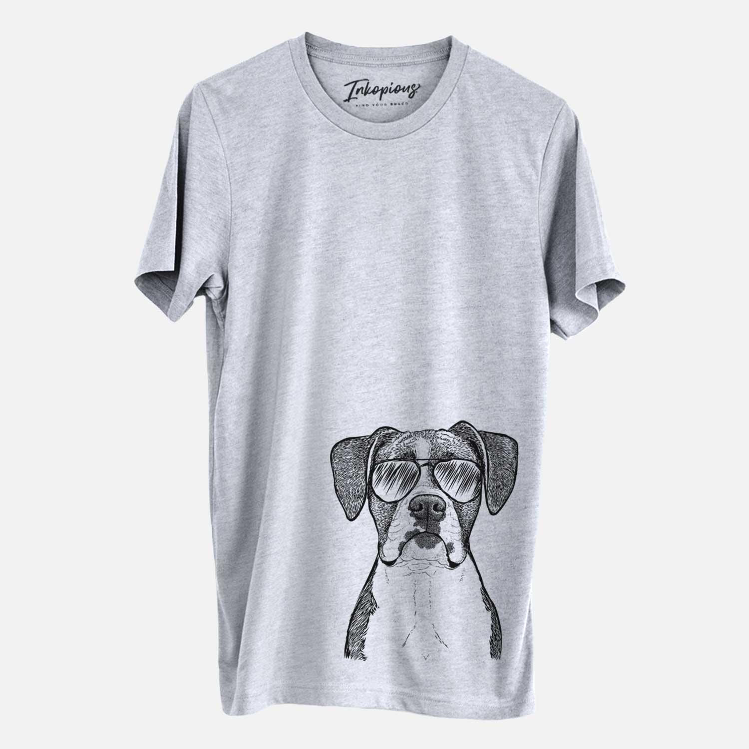 Hand-drawn sketch of Annie the Boxer wearing aviator sunglasses on a Grey Unisex crewneck