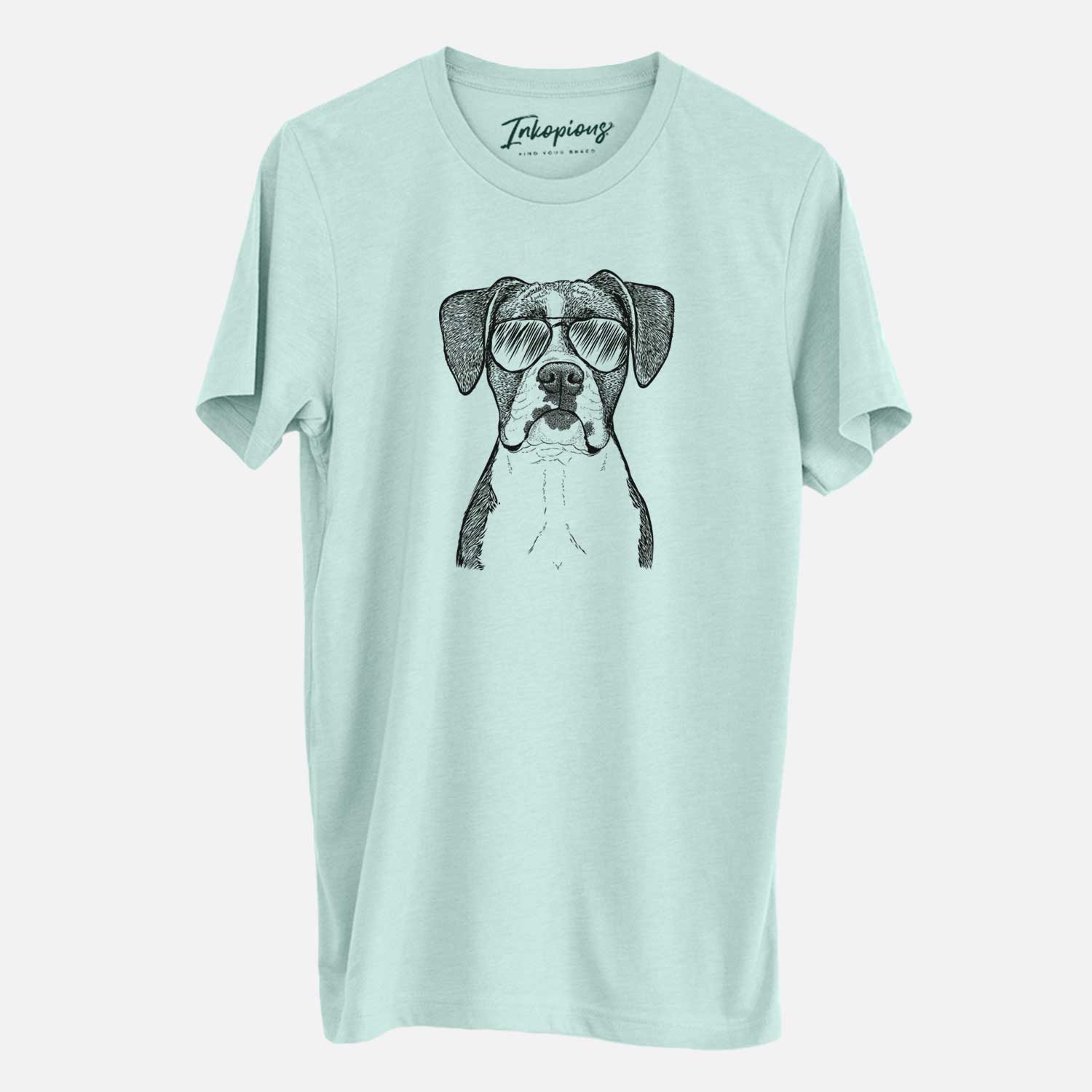 Hand-drawn sketch of Annie the Boxer wearing aviator sunglasses on a Heather Sage Unisex crewneck