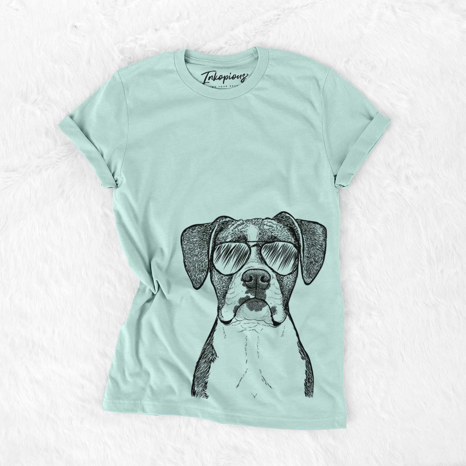 Hand-drawn sketch of Annie the Boxer wearing aviator sunglasses on a Heather Sage Unisex crewneck