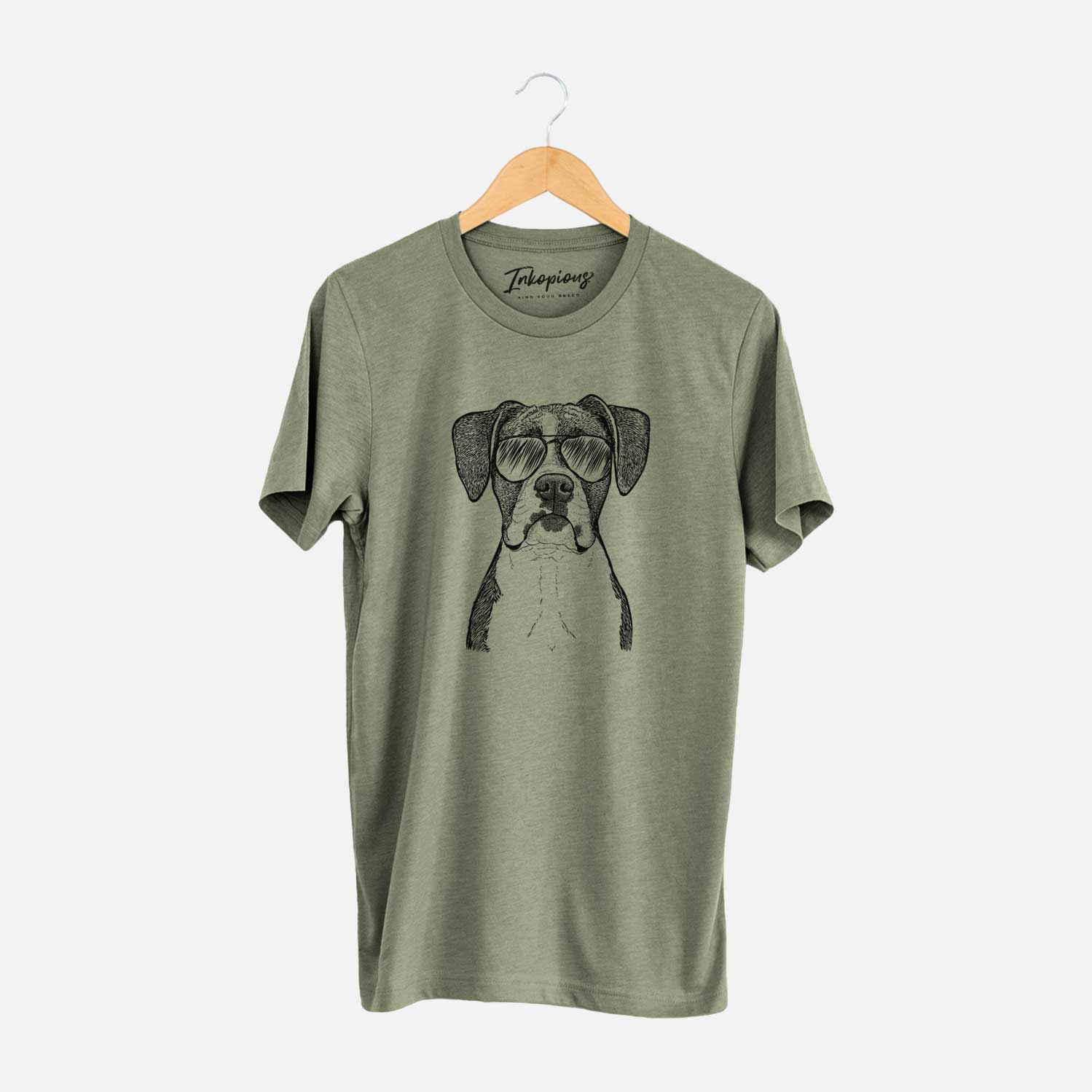Hand-drawn sketch of Annie the Boxer wearing aviator sunglasses on an Olive Unisex crewneck