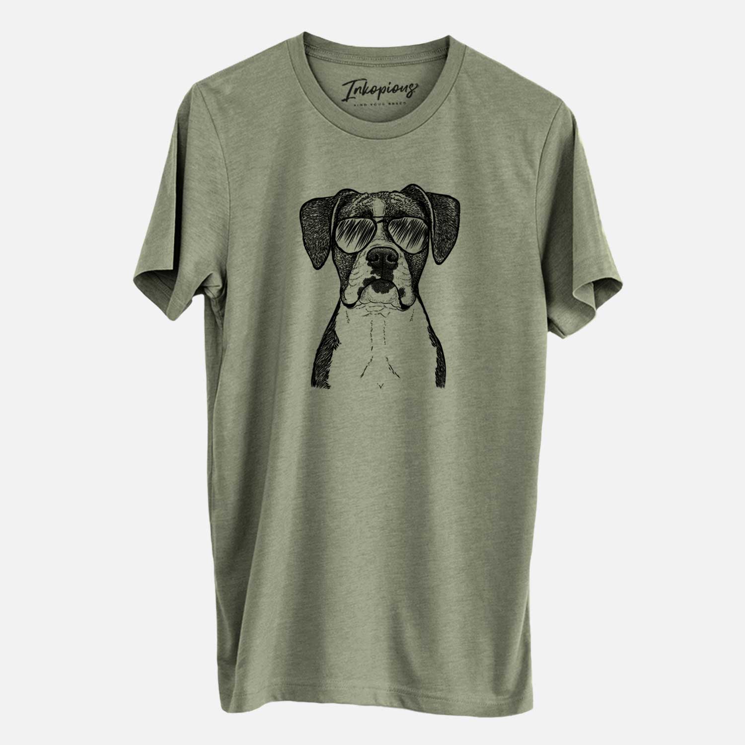 Hand-drawn sketch of Annie the Boxer wearing aviator sunglasses on an Olive Unisex crewneck
