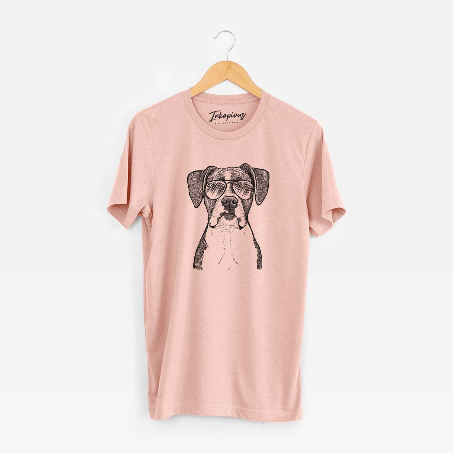 Hand-drawn sketch of Annie the Boxer wearing aviator sunglasses on a Peach Unisex crewneck
