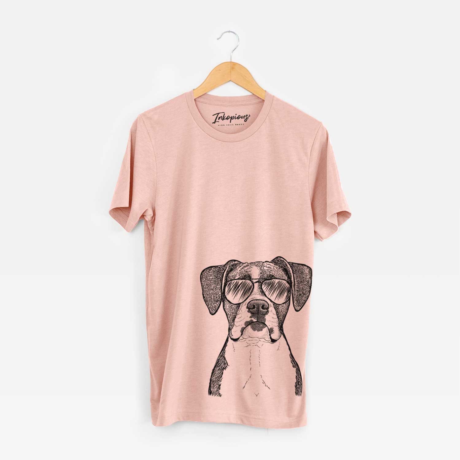 Hand-drawn sketch of Annie the Boxer wearing aviator sunglasses on a Peach Unisex crewneck