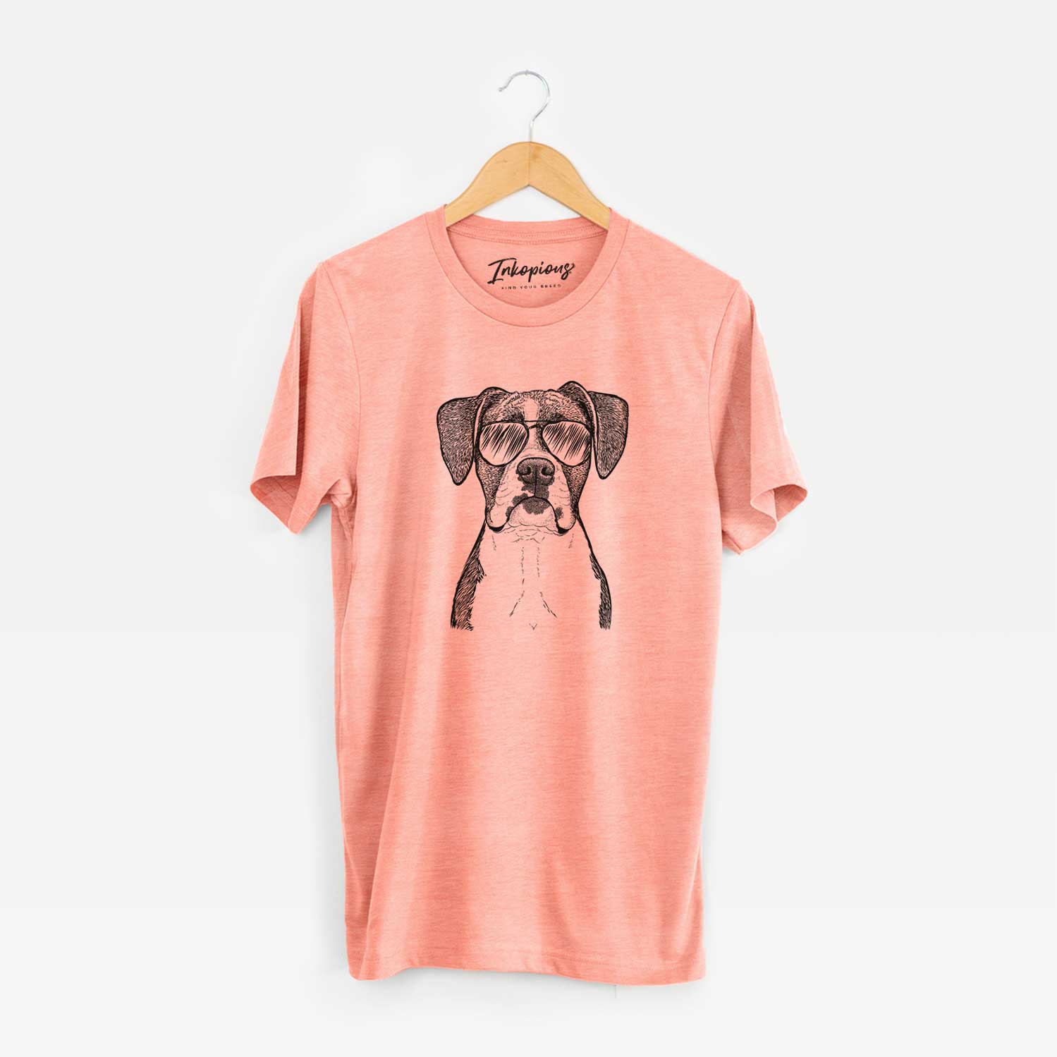 Hand-drawn sketch of Annie the Boxer wearing aviator sunglasses on a Sunset Unisex crewneck