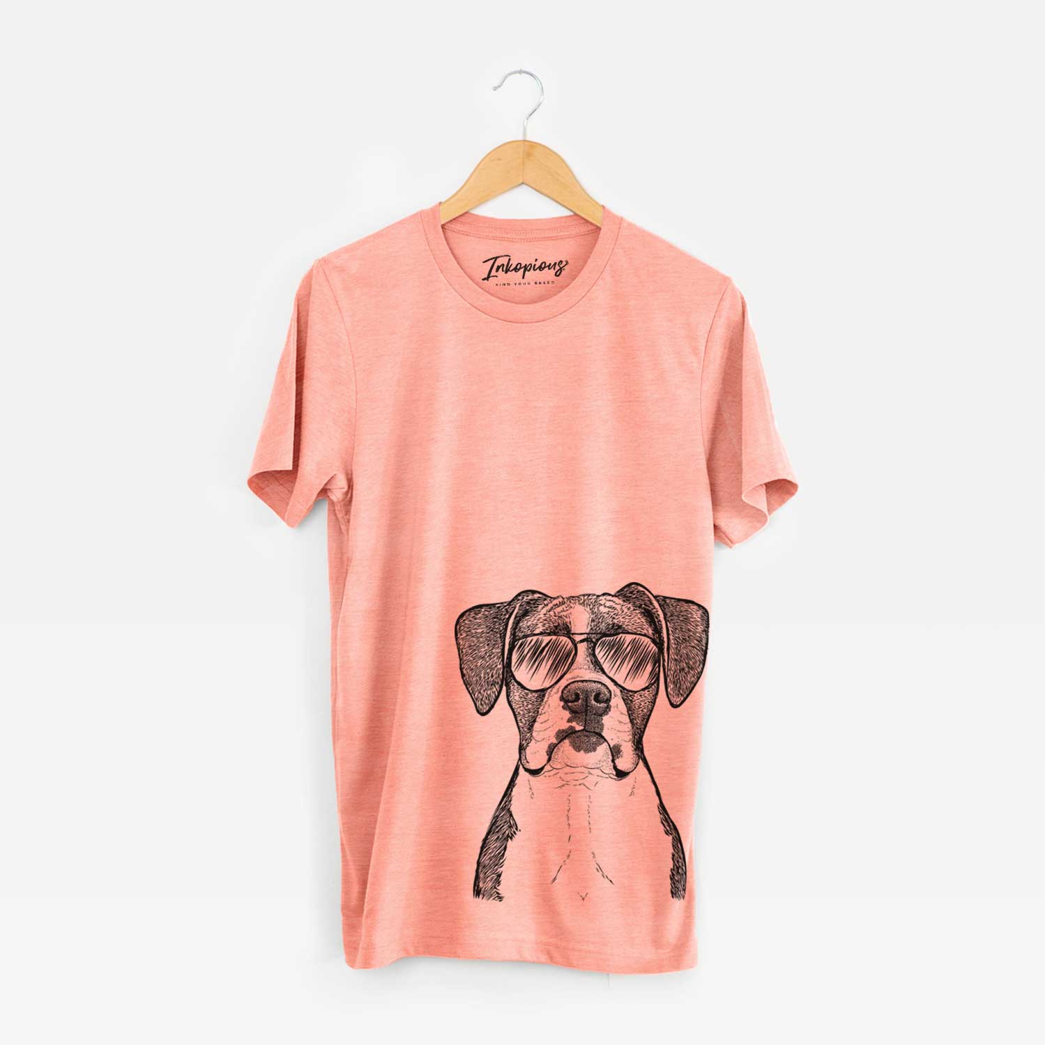 Hand-drawn sketch of Annie the Boxer wearing aviator sunglasses on a Sunset Unisex crewneck