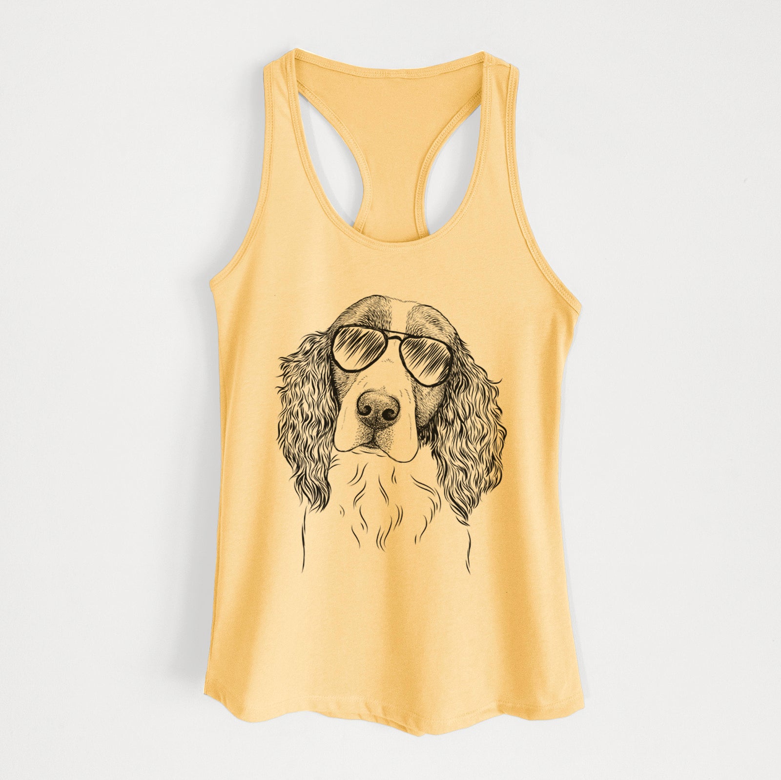 Hand-drawn sketch of Annie the English Springer Spaniel wearing aviator sunglasses on a Banana Cream Women's racerback tanktop