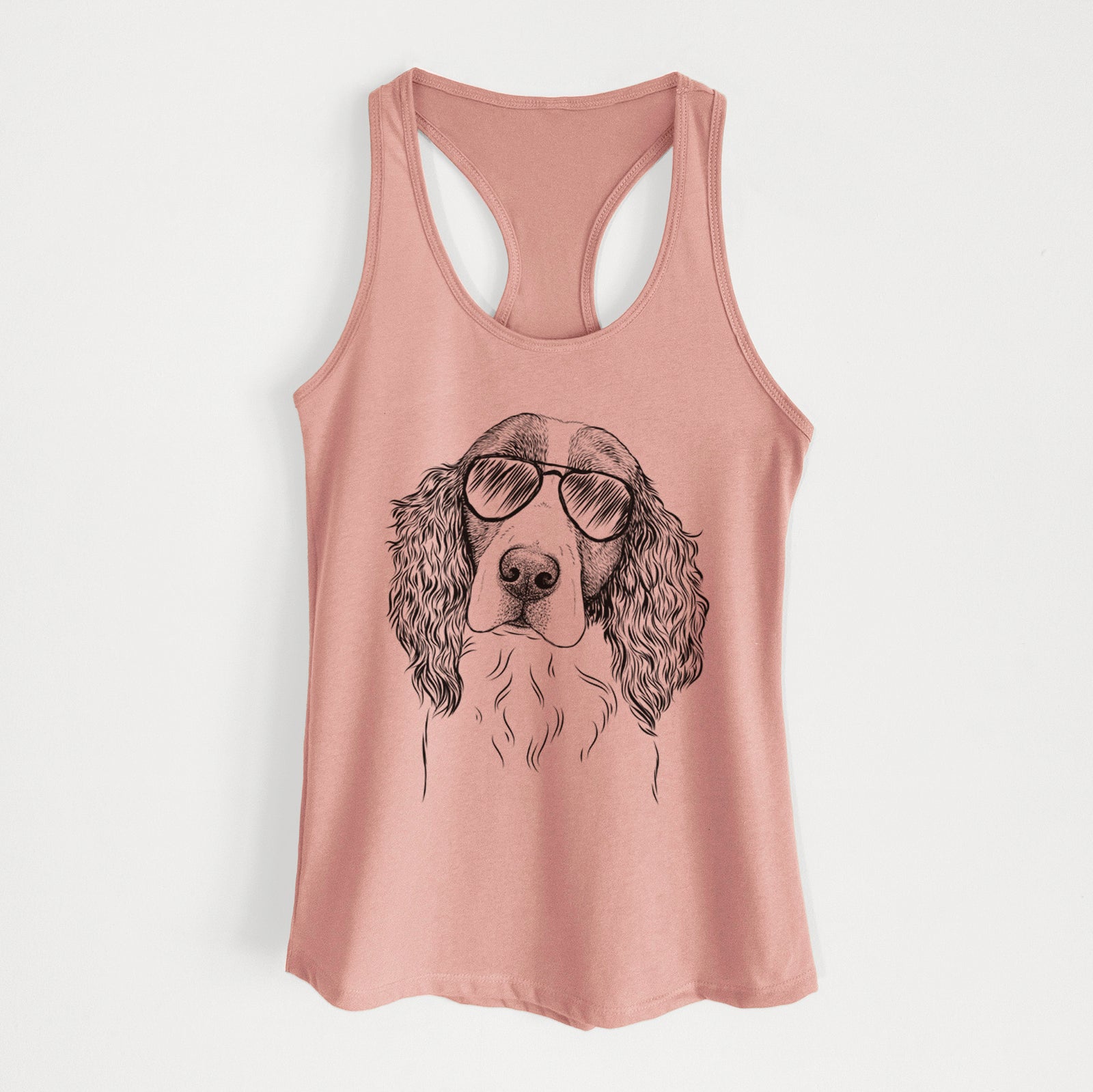 Hand-drawn sketch of Annie the English Springer Spaniel wearing aviator sunglasses on a Desert Pink Women's racerback tanktop