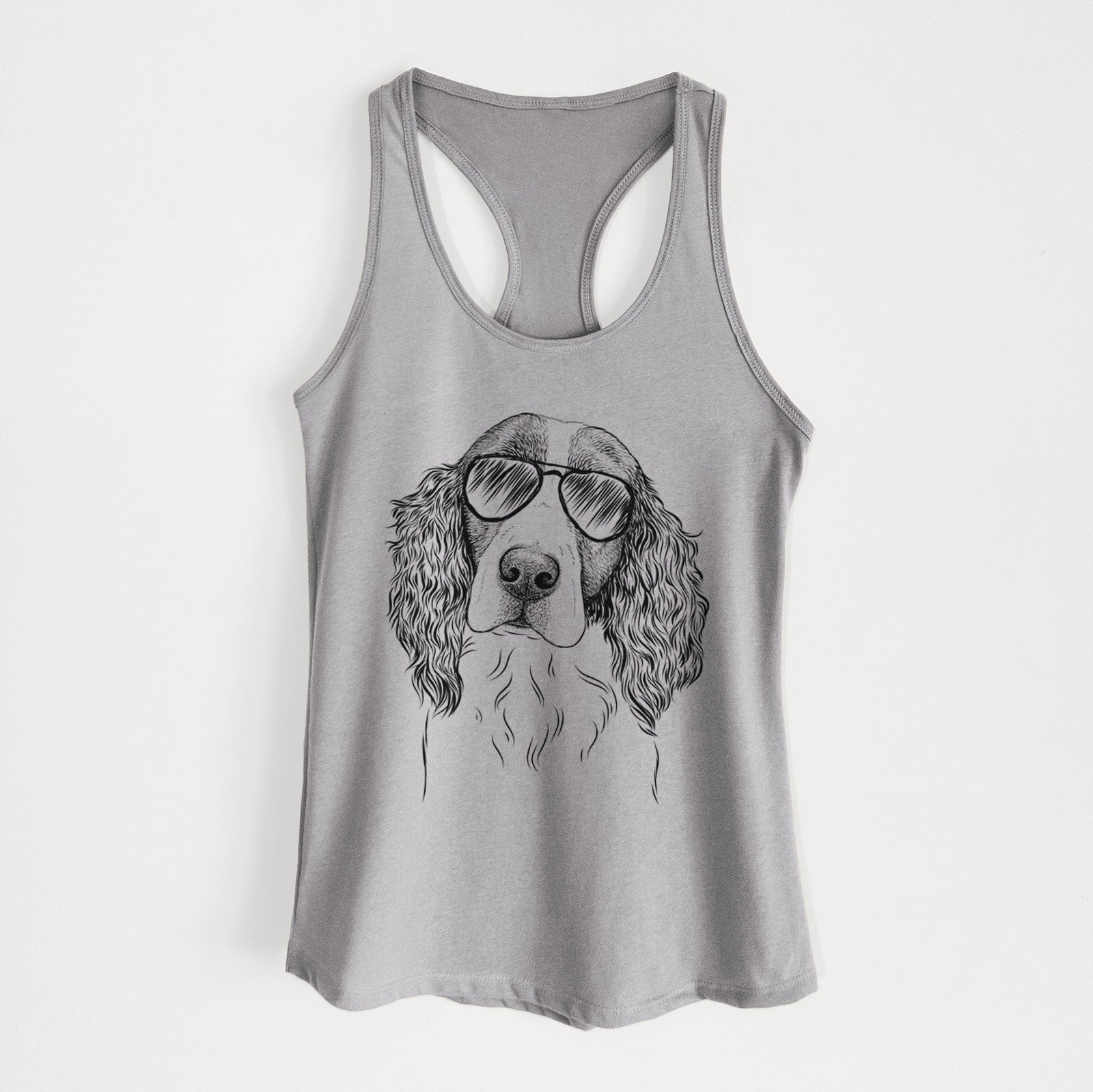 Hand-drawn sketch of Annie the English Springer Spaniel wearing aviator sunglasses on a Heather Grey Women's racerback tanktop