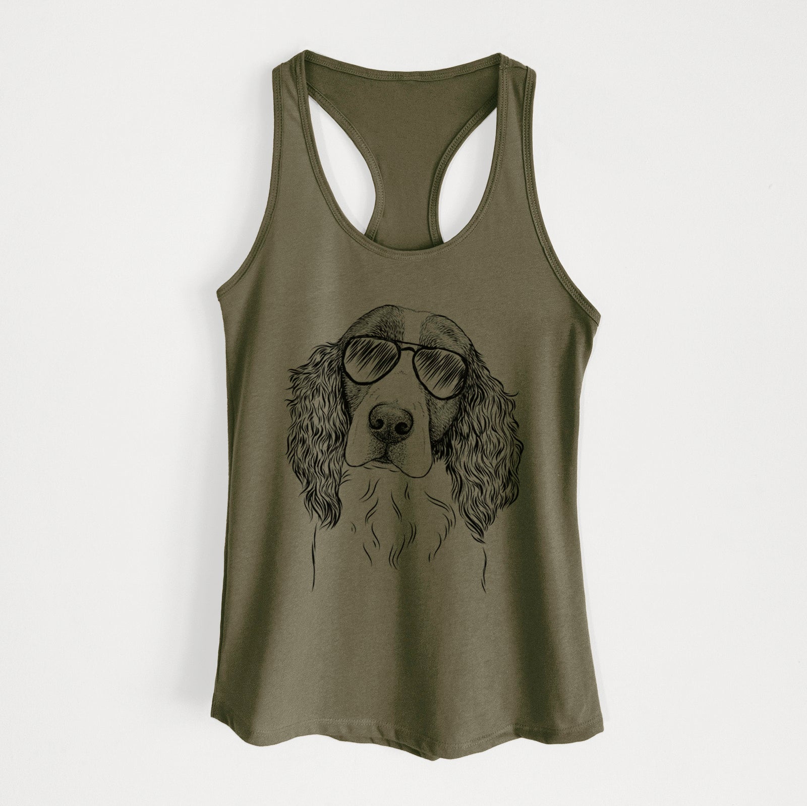 Hand-drawn sketch of Annie the English Springer Spaniel wearing aviator sunglasses on a Military Green Women's racerback tanktop