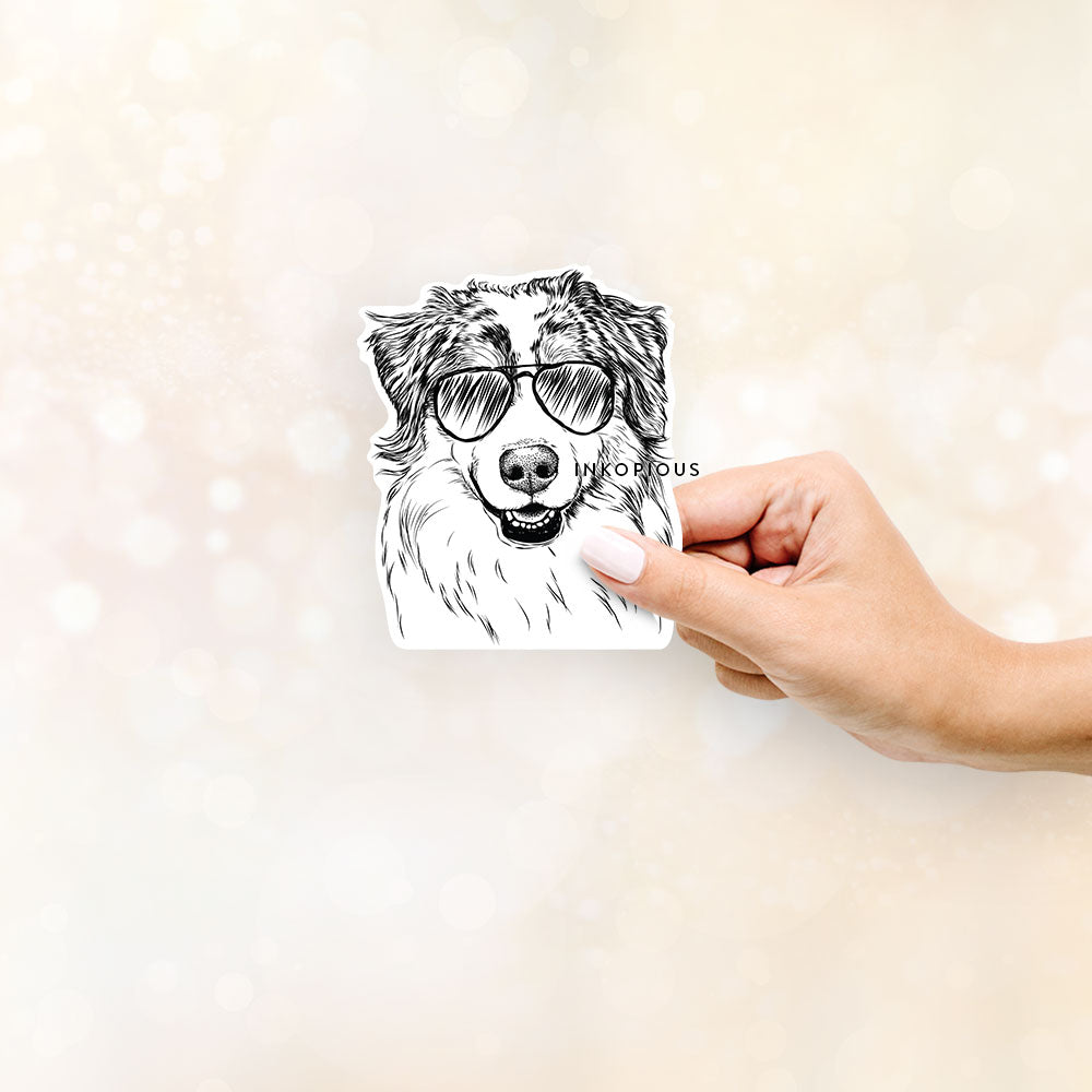 Hand-drawn sketch of Aonghus the Australian Shepherd wearing aviator sunglasses on a decal sticker