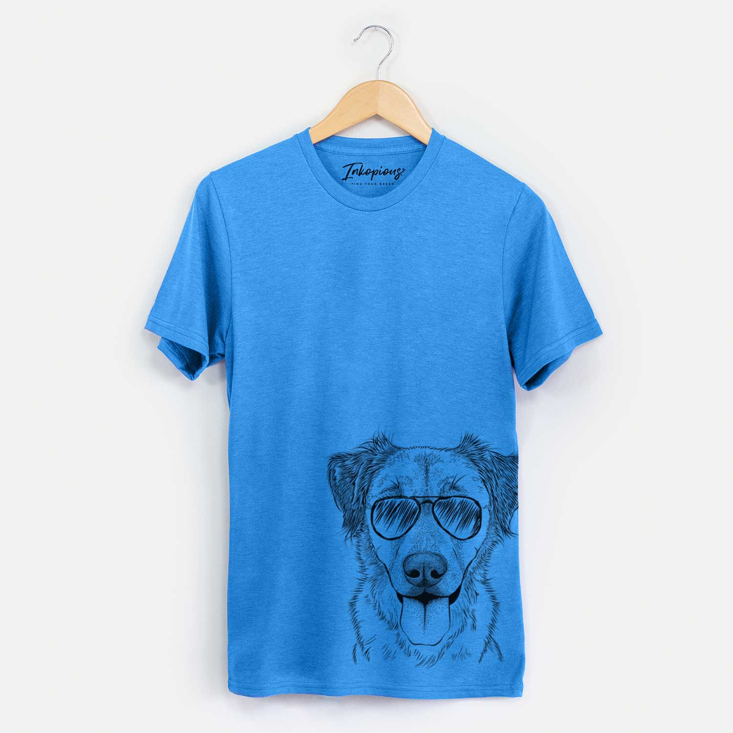 Hand-drawn sketch of Apollo the Mixed Breed wearing aviator sunglasses on a Blue Unisex crewneck