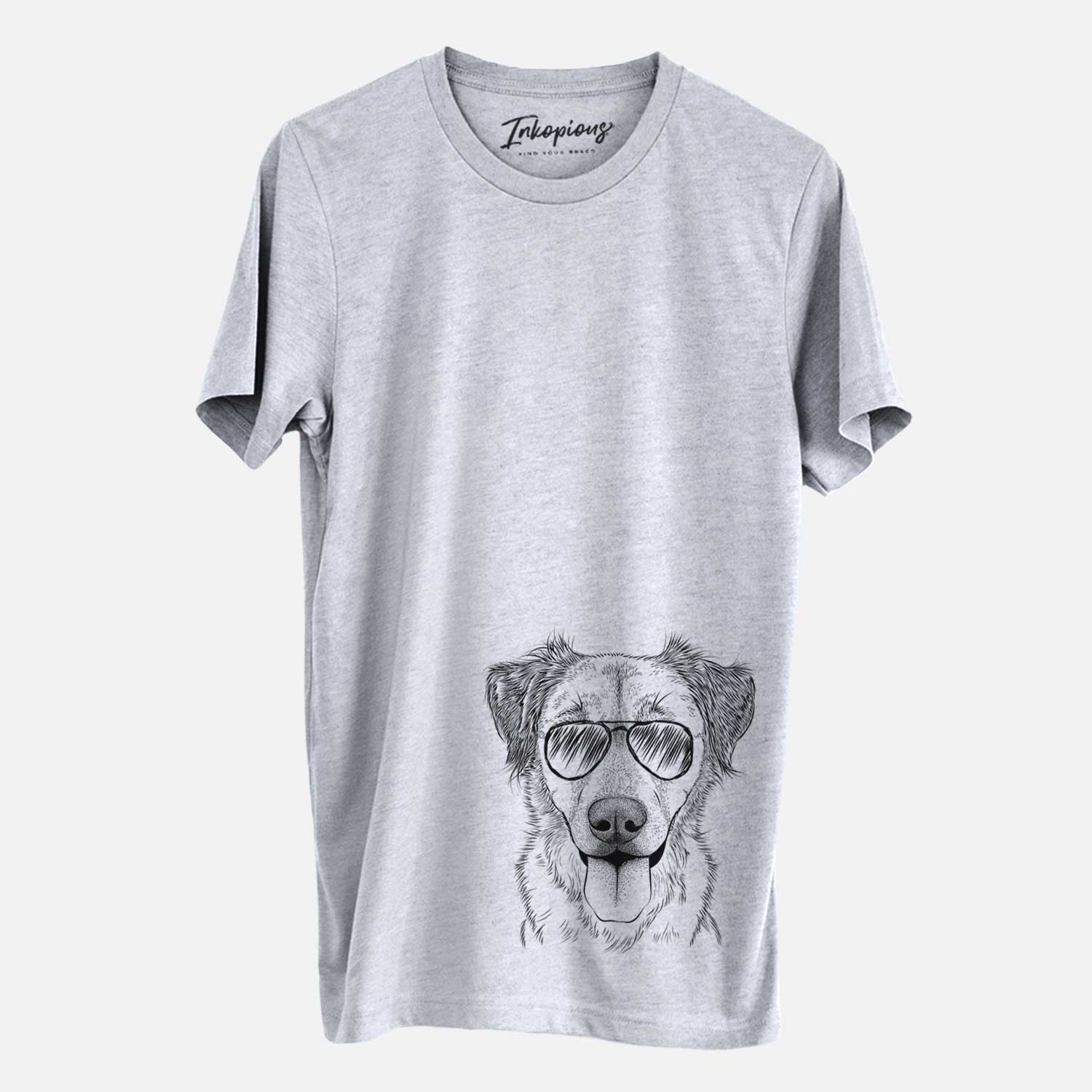 Hand-drawn sketch of Apollo the Mixed Breed wearing aviator sunglasses on a Grey Unisex crewneck
