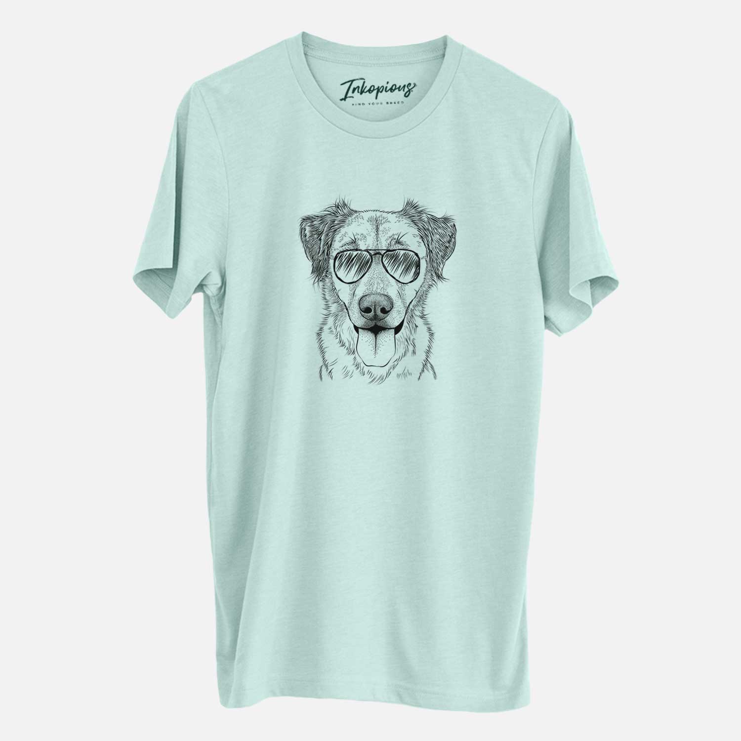Hand-drawn sketch of Apollo the Mixed Breed wearing aviator sunglasses on a Heather Sage Unisex crewneck