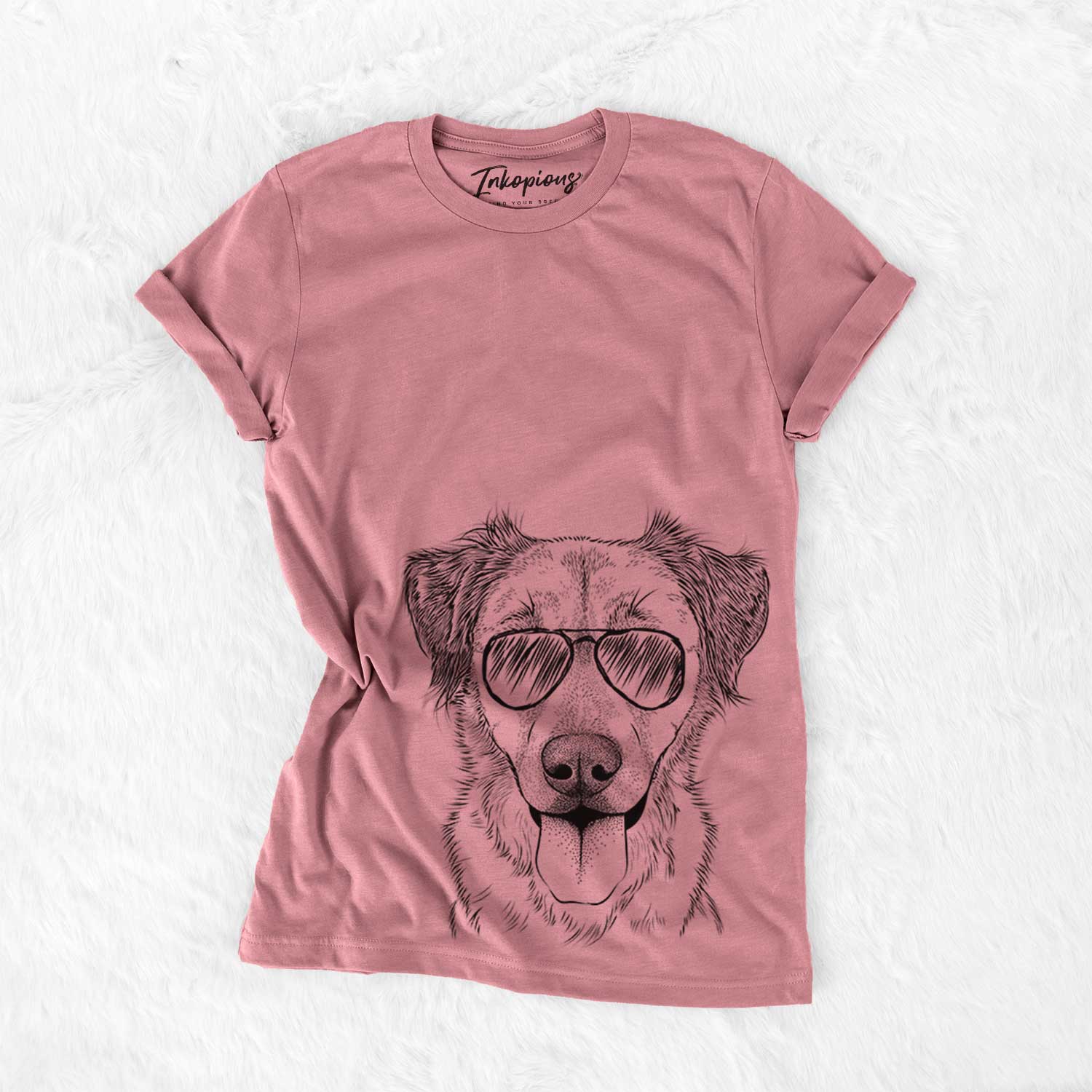 Hand-drawn sketch of Apollo the Mixed Breed wearing aviator sunglasses on a Mauve Bella Canvas Unisex Crewneck