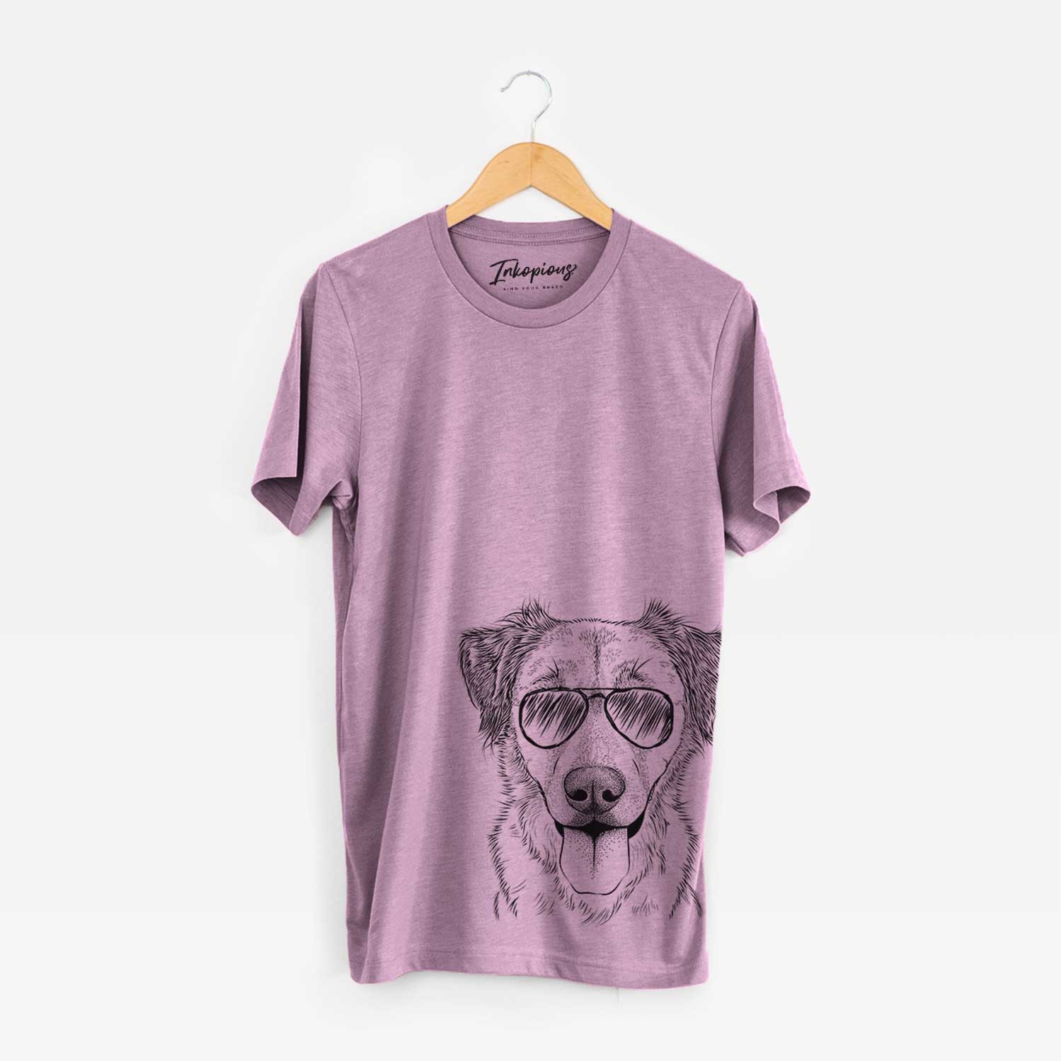 Hand-drawn sketch of Apollo the Mixed Breed wearing aviator sunglasses on an Orchid Bella Canvas Unisex Crewneck