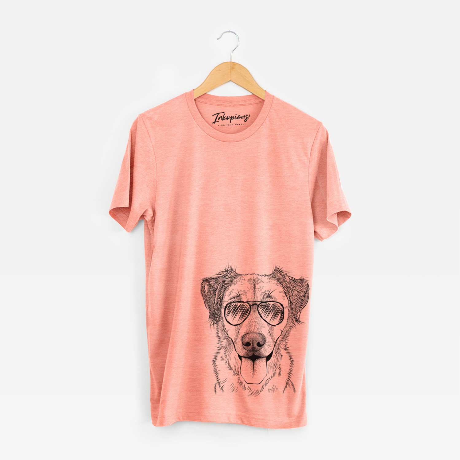 Hand-drawn sketch of Apollo the Mixed Breed wearing aviator sunglasses on a Sunset Unisex crewneck