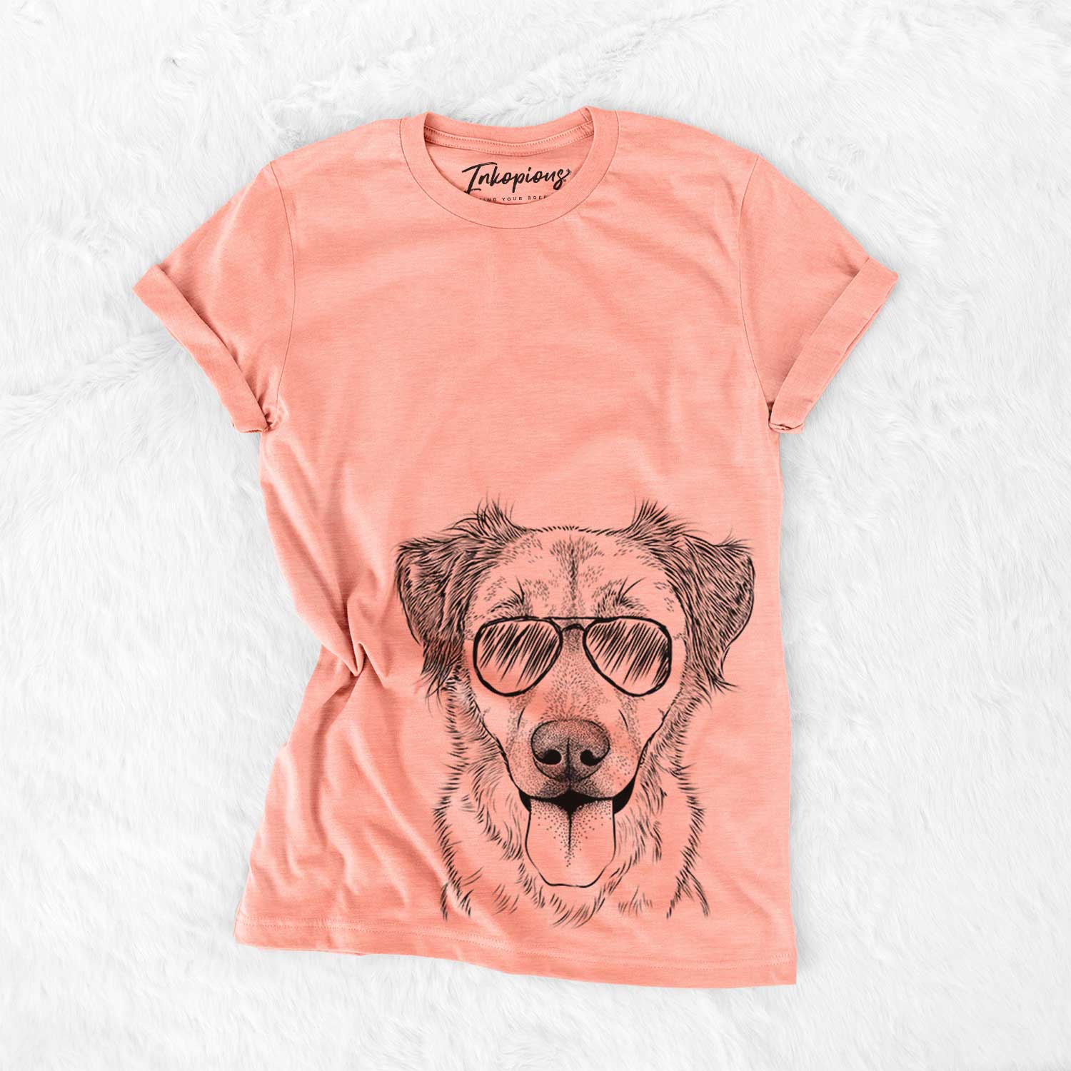 Hand-drawn sketch of Apollo the Mixed Breed wearing aviator sunglasses on a Sunset Bella Canvas Unisex Crewneck