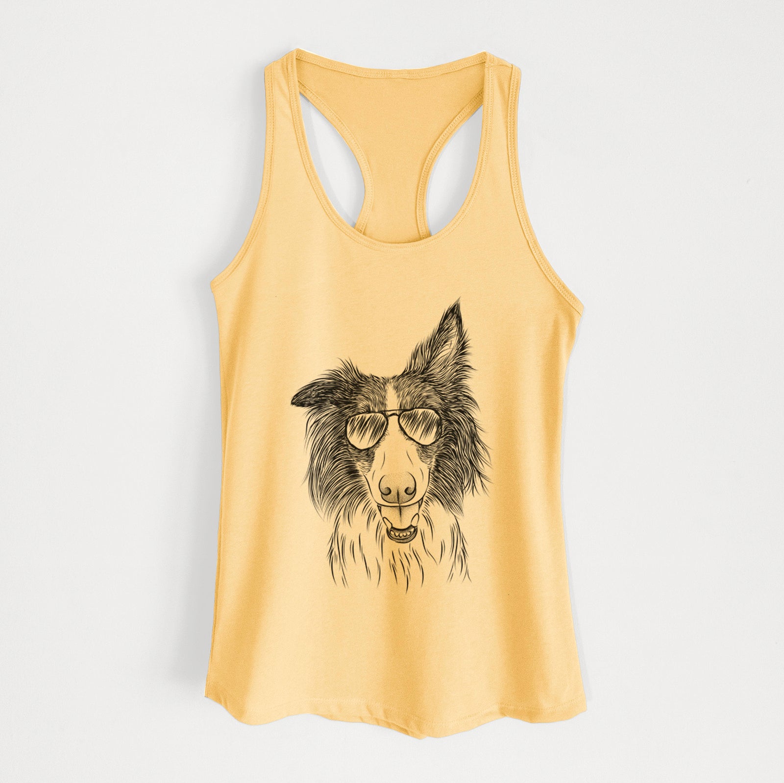Hand-drawn sketch of Archie the Silken Windhound wearing aviator sunglasses on a Banana Cream Women's racerback tanktop