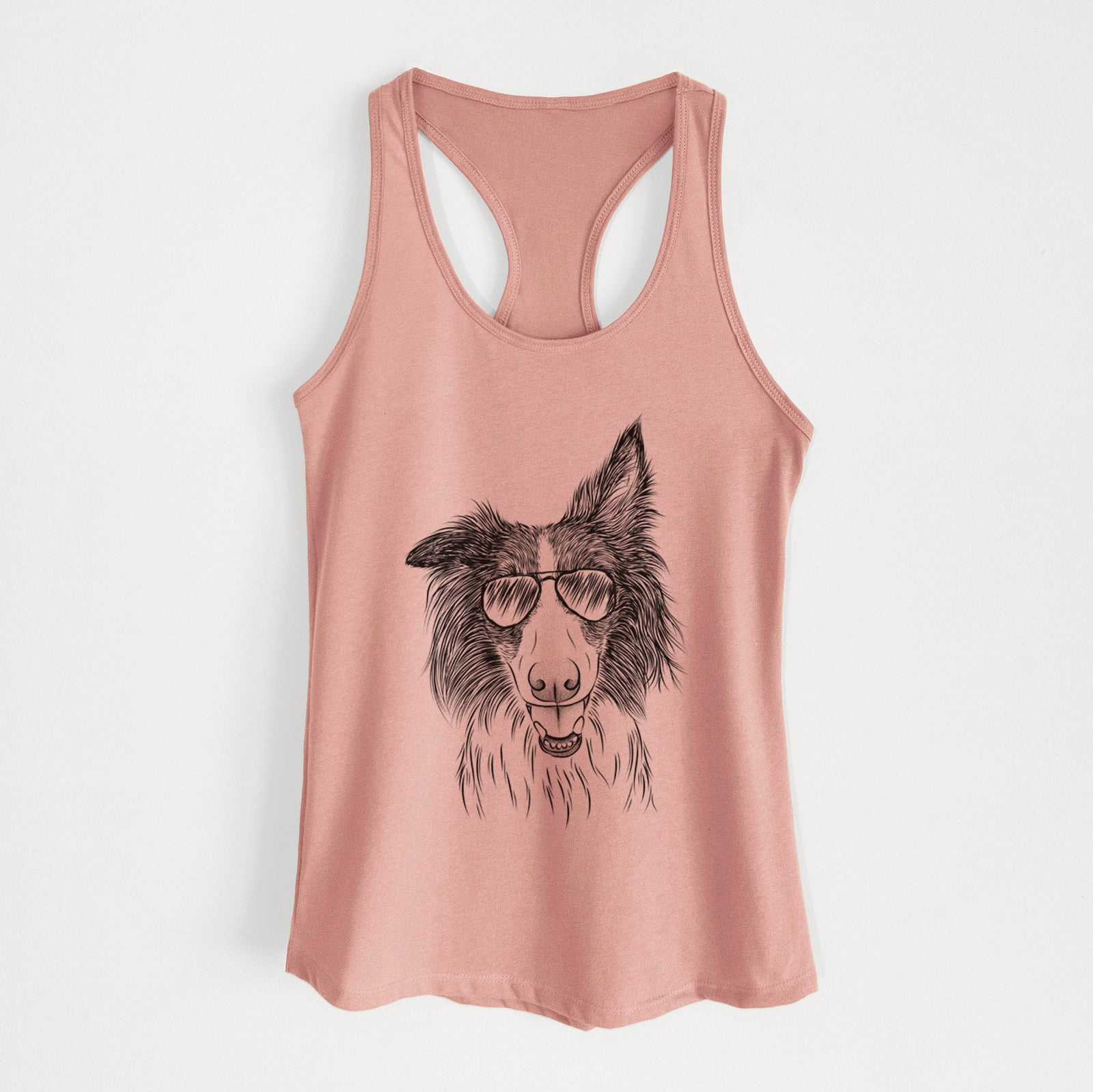Hand-drawn sketch of Archie the Silken Windhound wearing aviator sunglasses on a Desert Pink Women's racerback tanktop