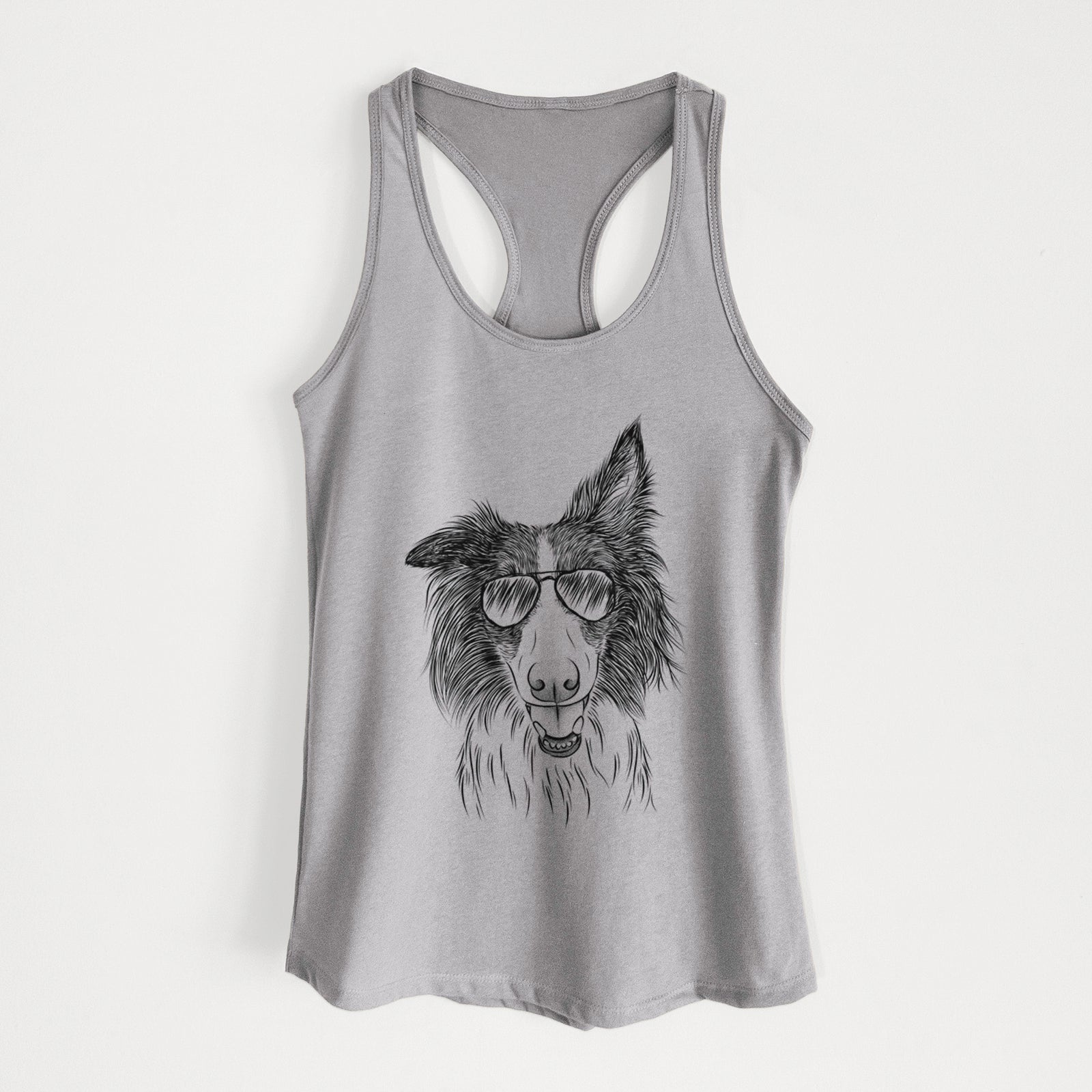 Hand-drawn sketch of Archie the Silken Windhound wearing aviator sunglasses on a Heather Grey Women's racerback tanktop