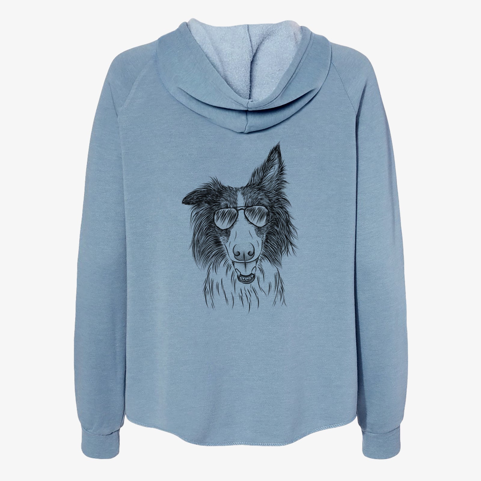 Hand-drawn sketch of Archie the Silken Windhound wearing aviator sunglasses on a Misty Blue Women's cali wave zip-up sweatshirt