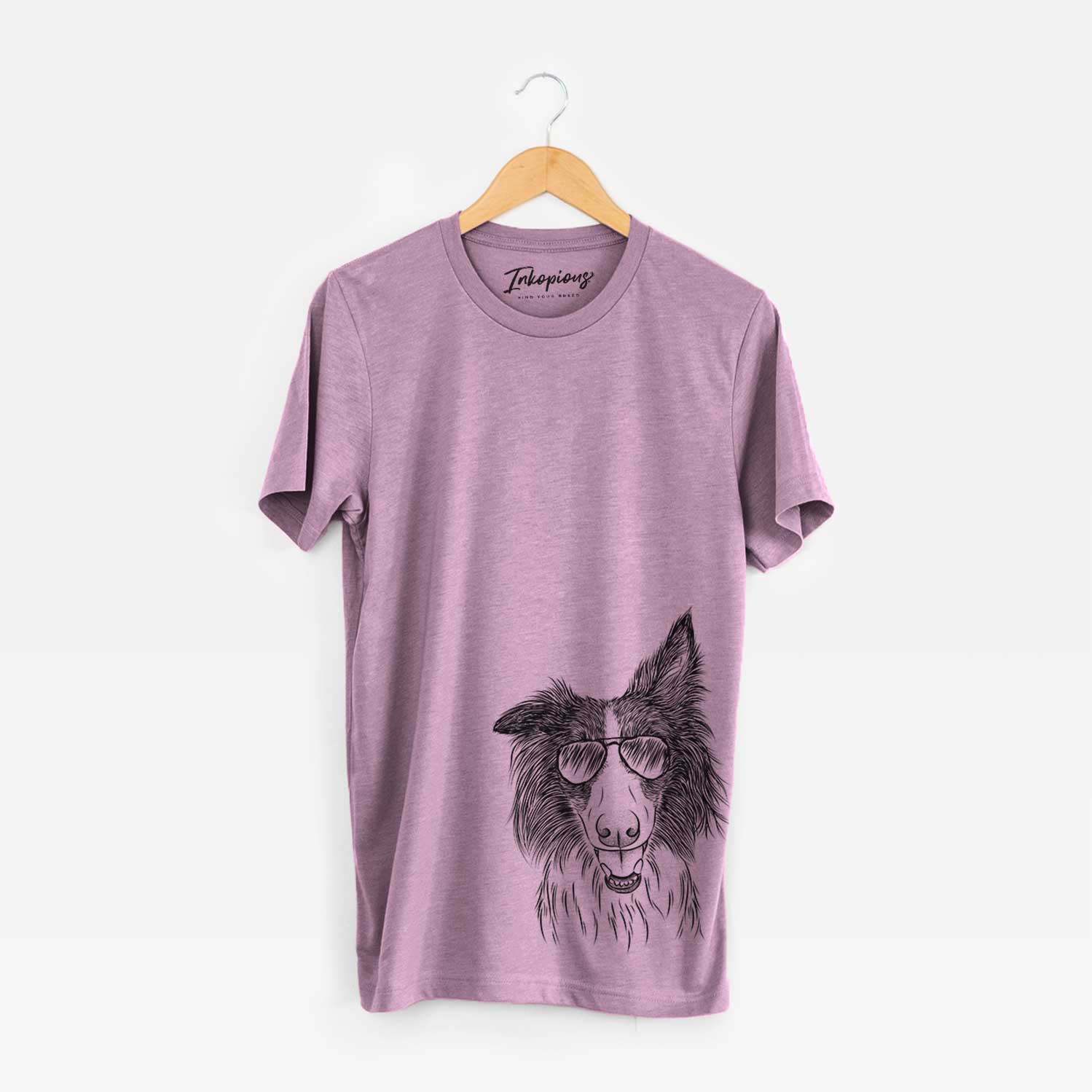 Hand-drawn sketch of Archie the Silken Windhound wearing aviator sunglasses on an Orchid Bella Canvas Unisex Crewneck