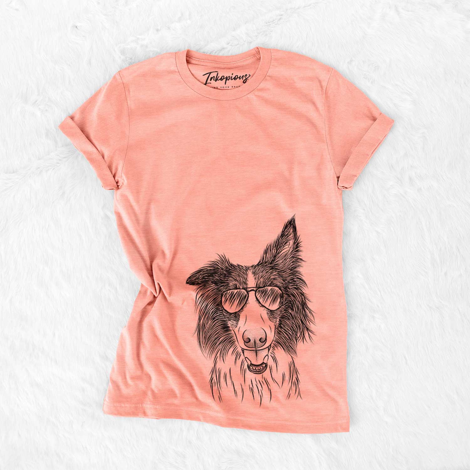 Hand-drawn sketch of Archie the Silken Windhound wearing aviator sunglasses on a Sunset Bella Canvas Unisex Crewneck
