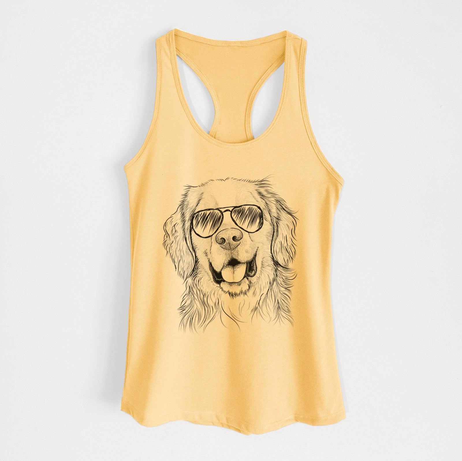 Hand-drawn sketch of Archie Benjamin the Mixed Breed wearing aviator sunglasses on a Banana Cream Women's racerback tanktop