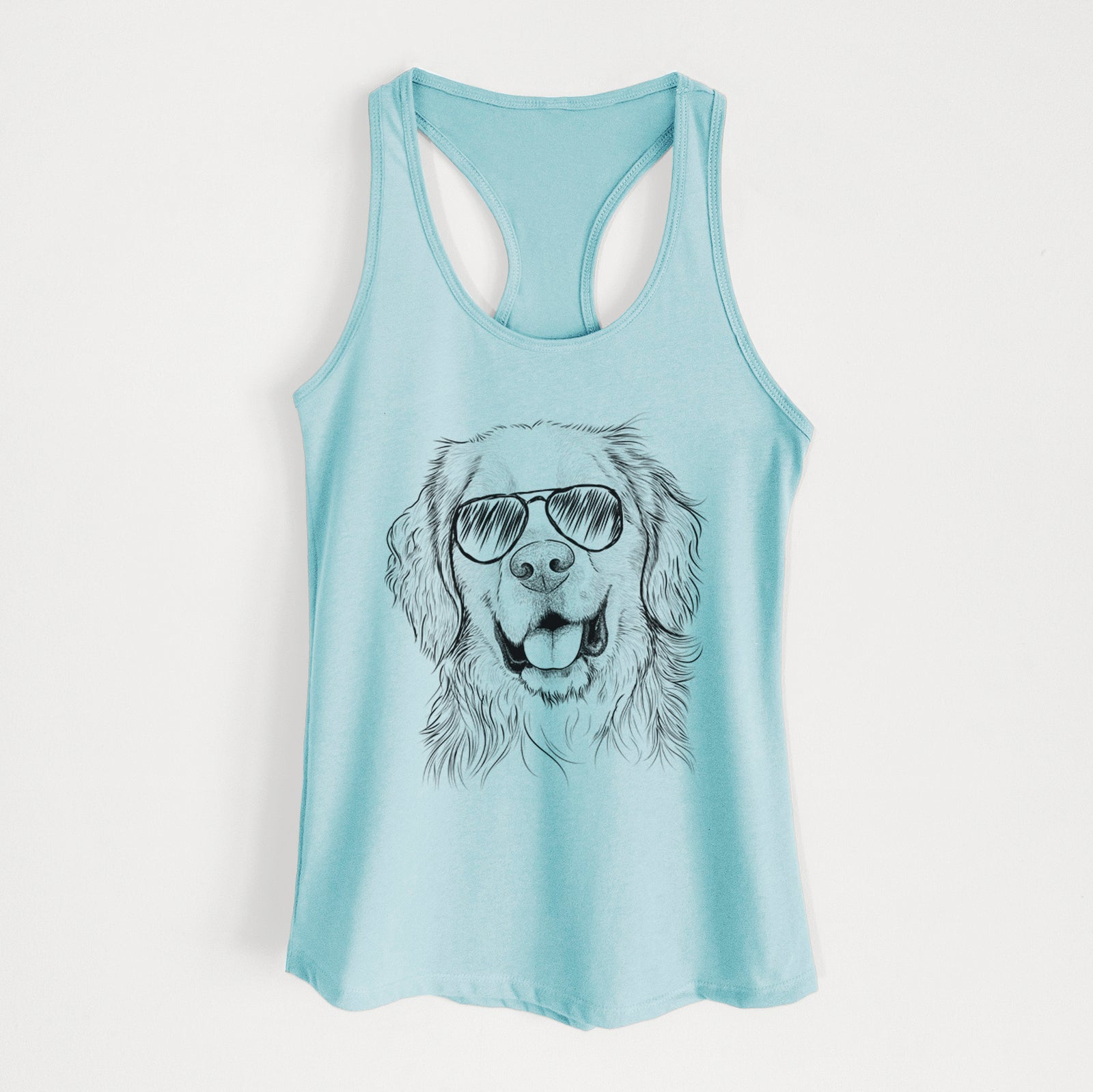 Hand-drawn sketch of Archie Benjamin the Mixed Breed wearing aviator sunglasses on a Cancun Blue Women's racerback tanktop