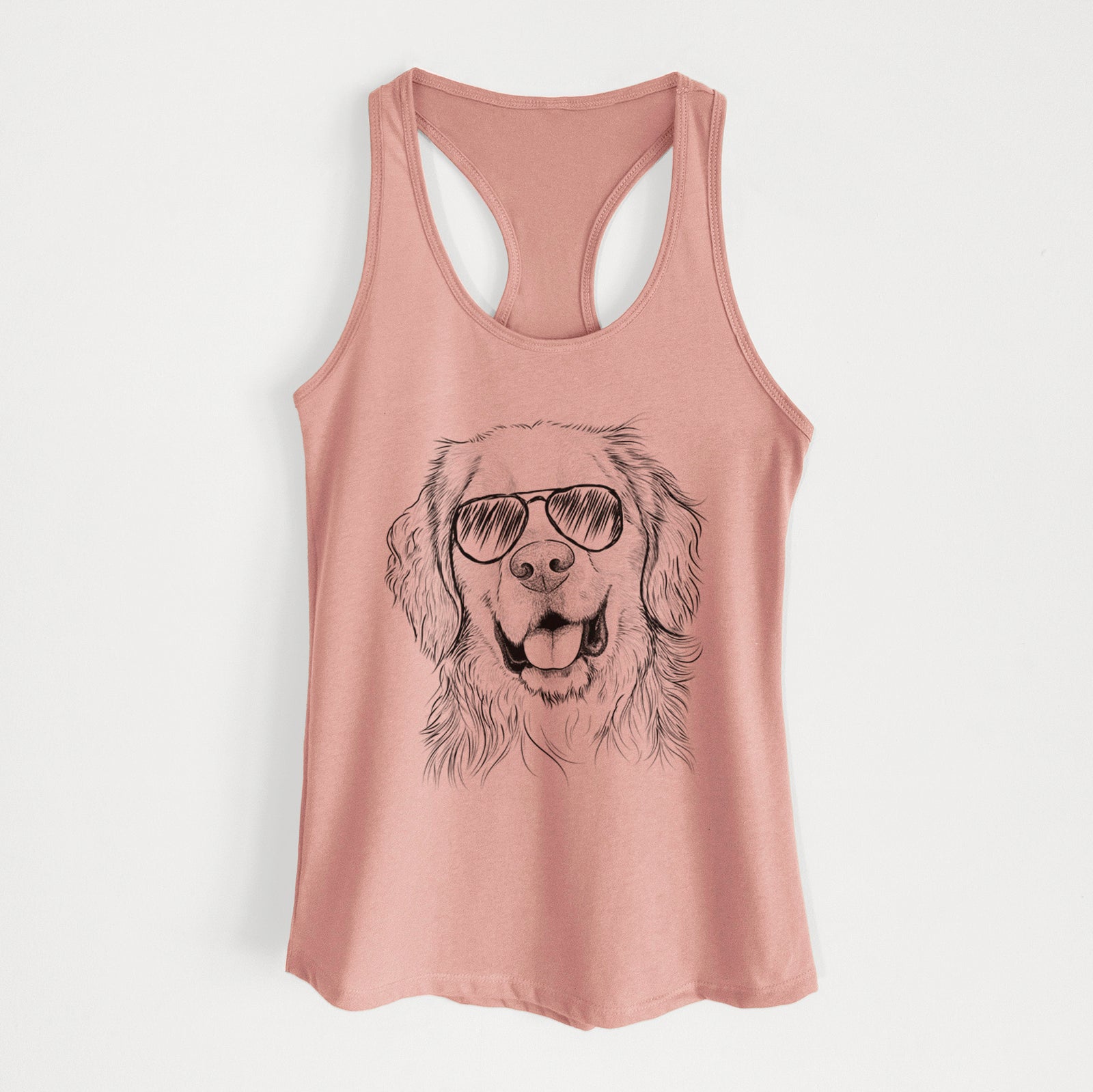 Hand-drawn sketch of Archie Benjamin the Mixed Breed wearing aviator sunglasses on a Desert Pink Women's racerback tanktop