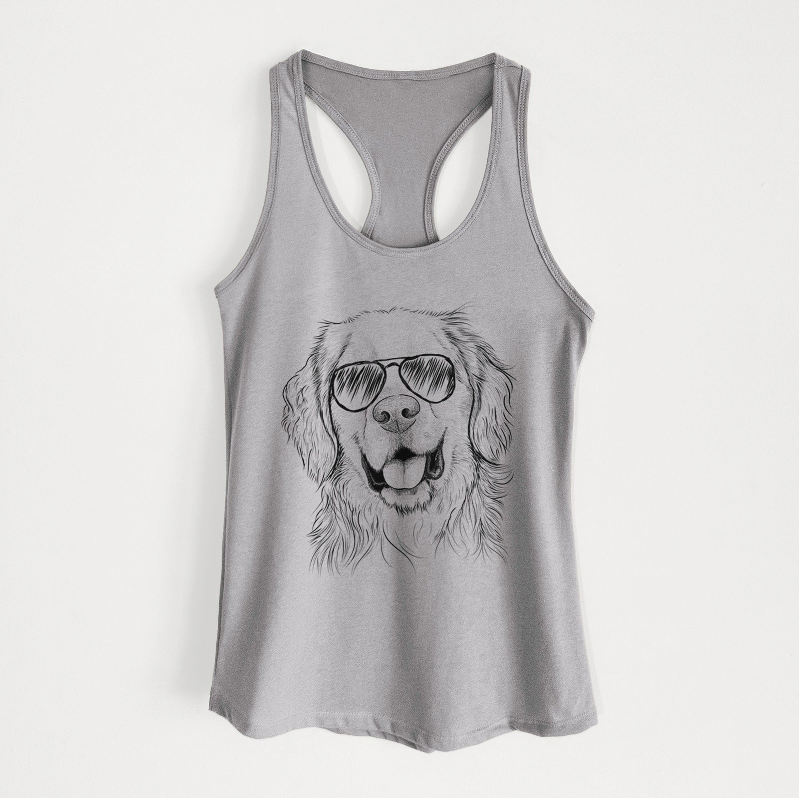 Hand-drawn sketch of Archie Benjamin the Mixed Breed wearing aviator sunglasses on a Heather Grey Women's racerback tanktop