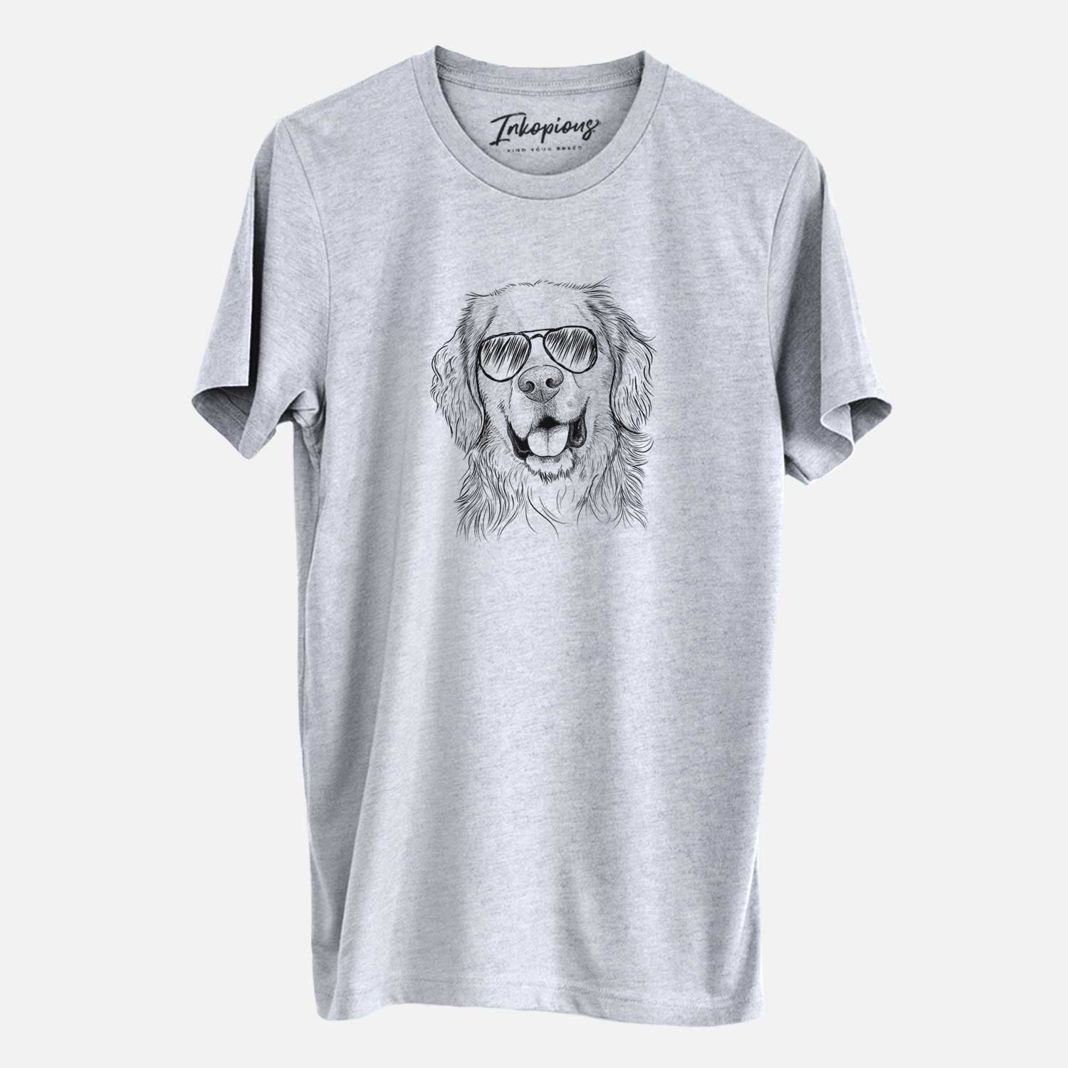 Hand-drawn sketch of Archie Benjamin the Mixed Breed wearing aviator sunglasses on a Grey Unisex crewneck