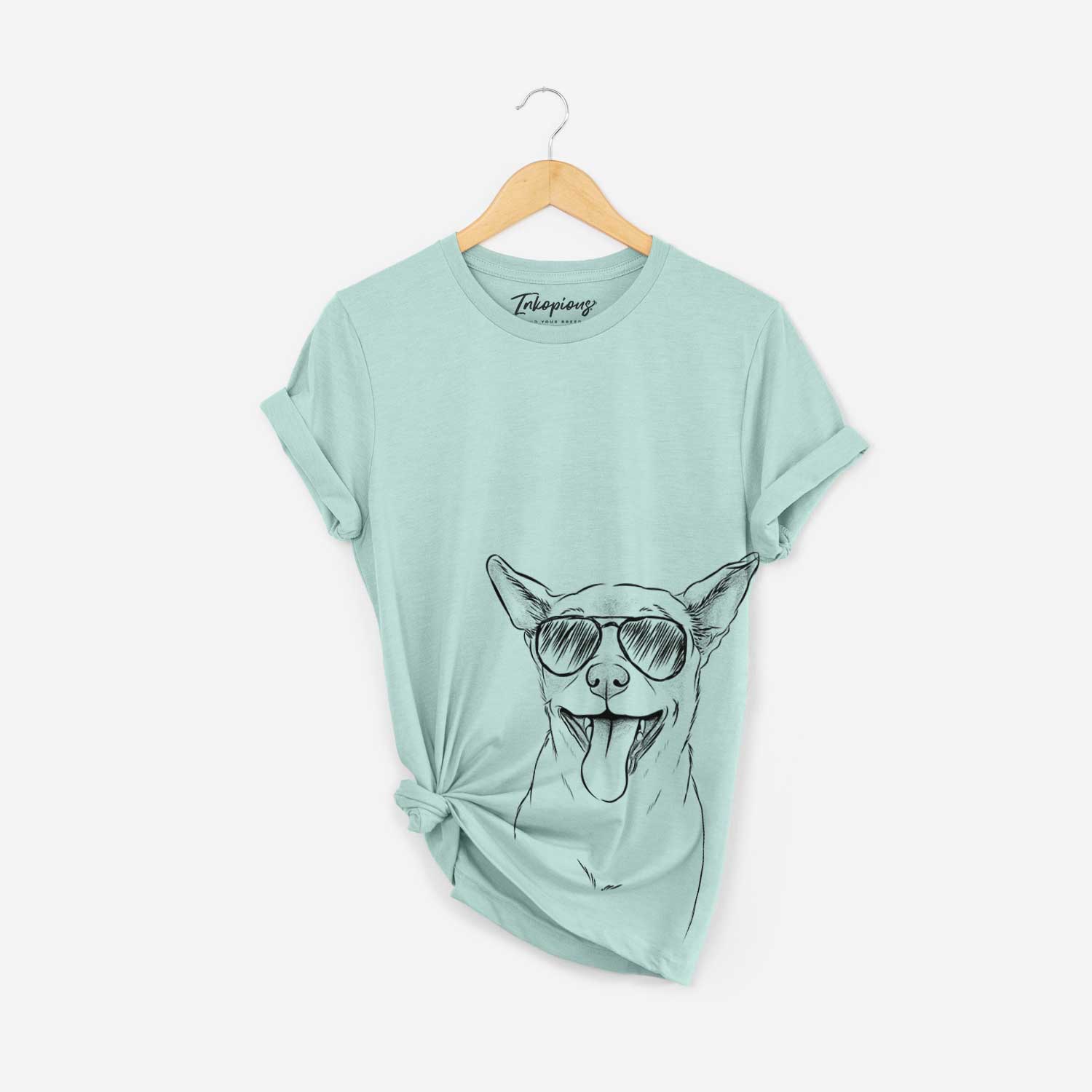 Hand-drawn sketch of Archie the Chihuahua Mix wearing aviator sunglasses on a Heather Sage Bella Canvas Unisex Crewneck