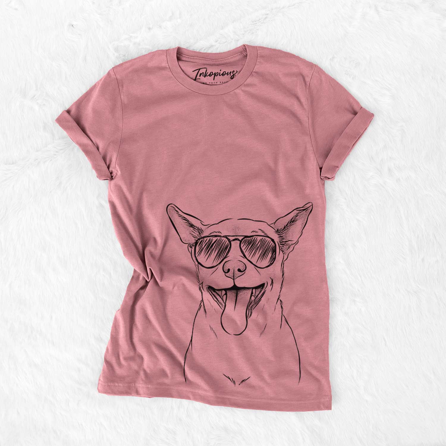 Hand-drawn sketch of Archie the Chihuahua Mix wearing aviator sunglasses on a Mauve Bella Canvas Unisex Crewneck