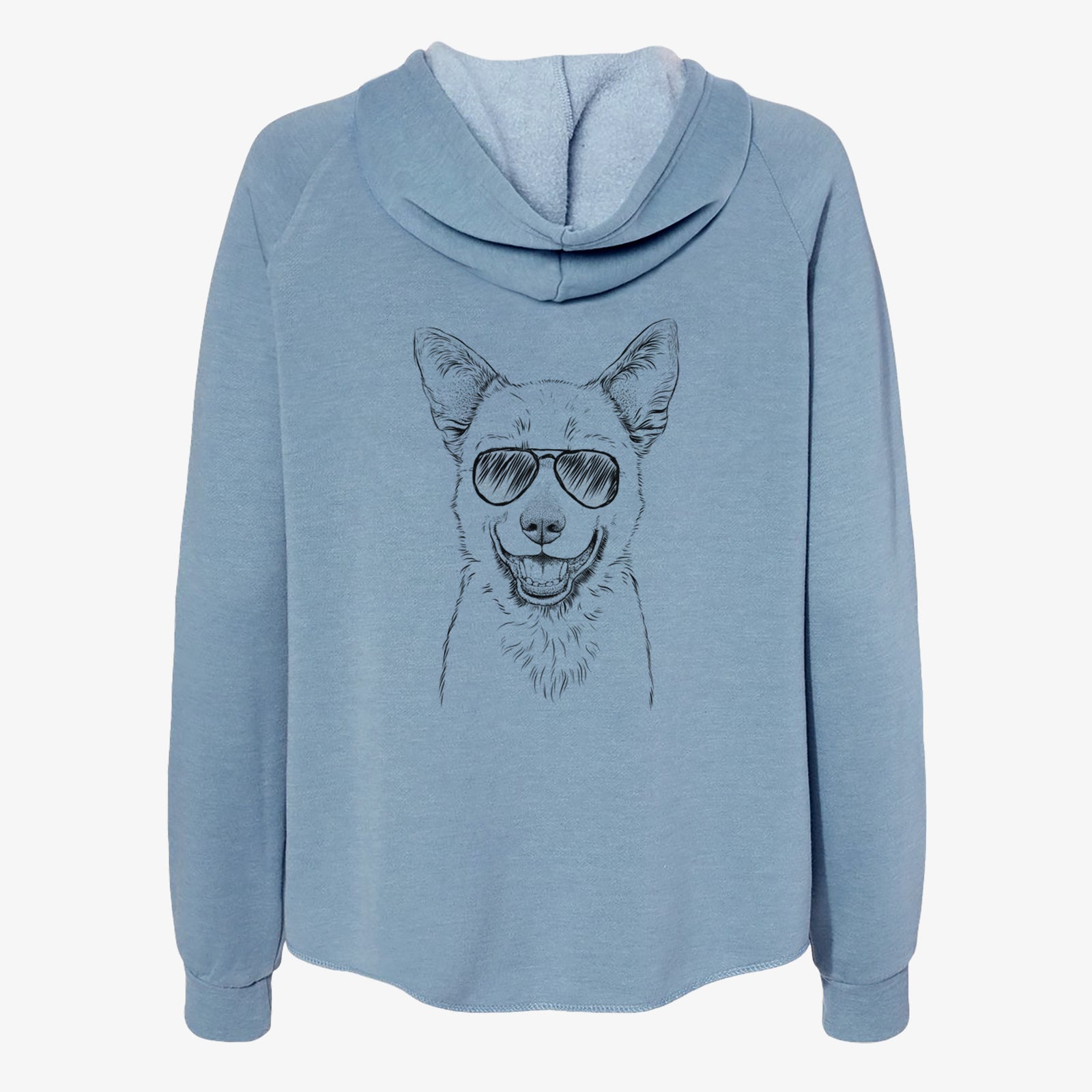 Hand-drawn sketch of Arden the Australian Kelpie wearing aviator sunglasses on a Misty Blue Women's cali wave zip-up sweatshirt