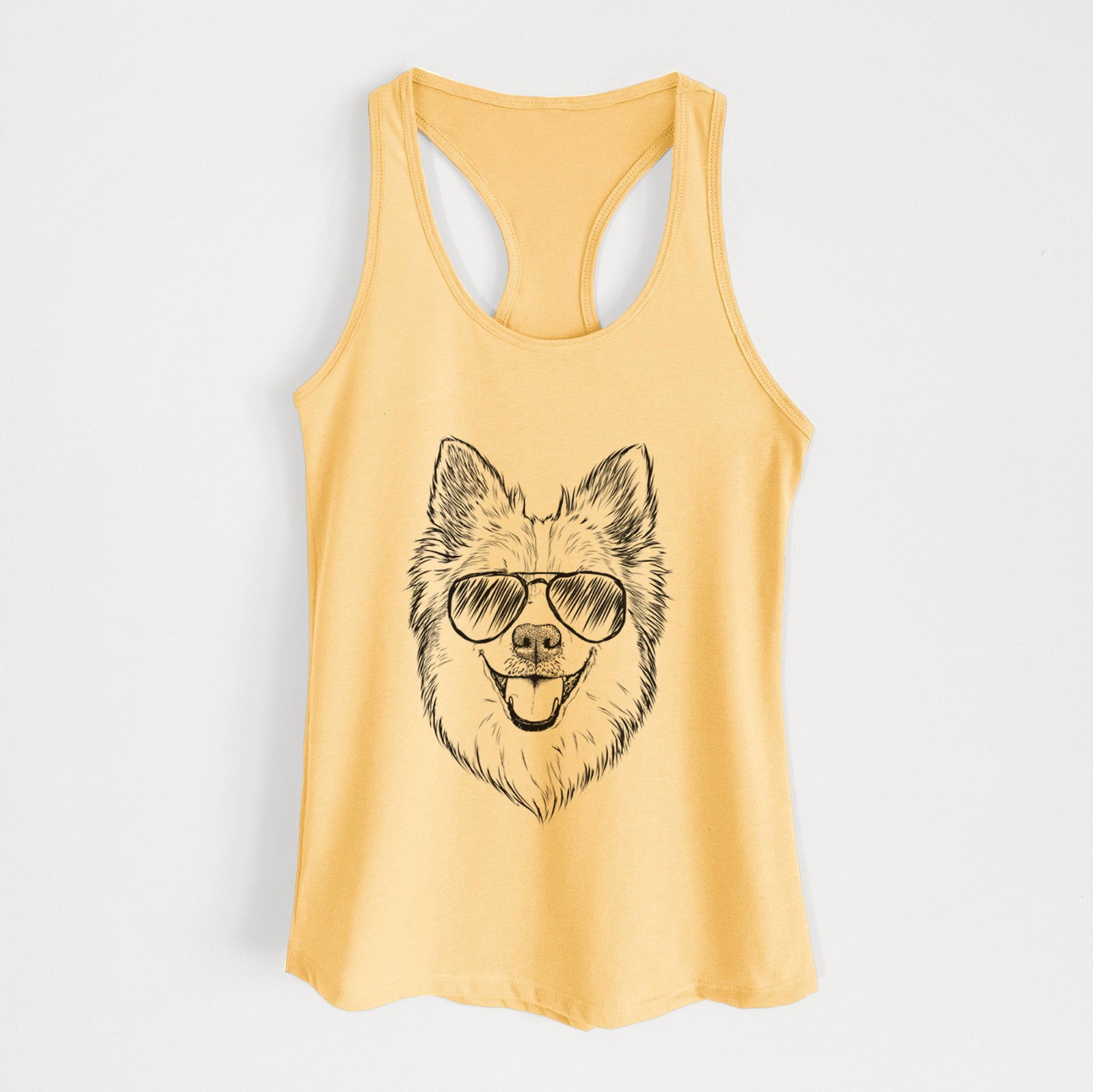 Hand-drawn sketch of Ari the Icelandic Sheepdog wearing aviator sunglasses on a Banana Cream Women's racerback tanktop