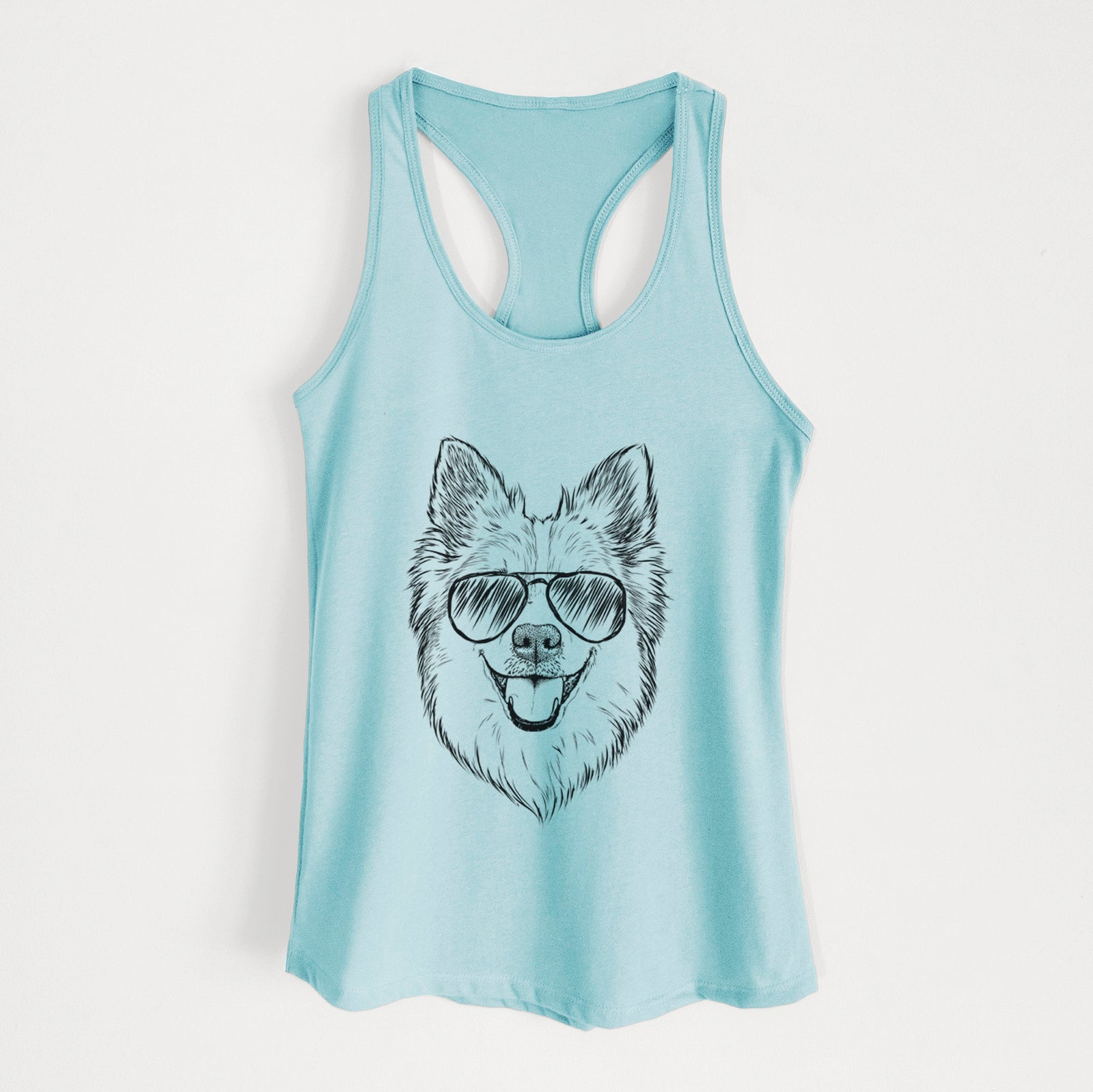 Hand-drawn sketch of Ari the Icelandic Sheepdog wearing aviator sunglasses on a Cancun Blue Women's racerback tanktop