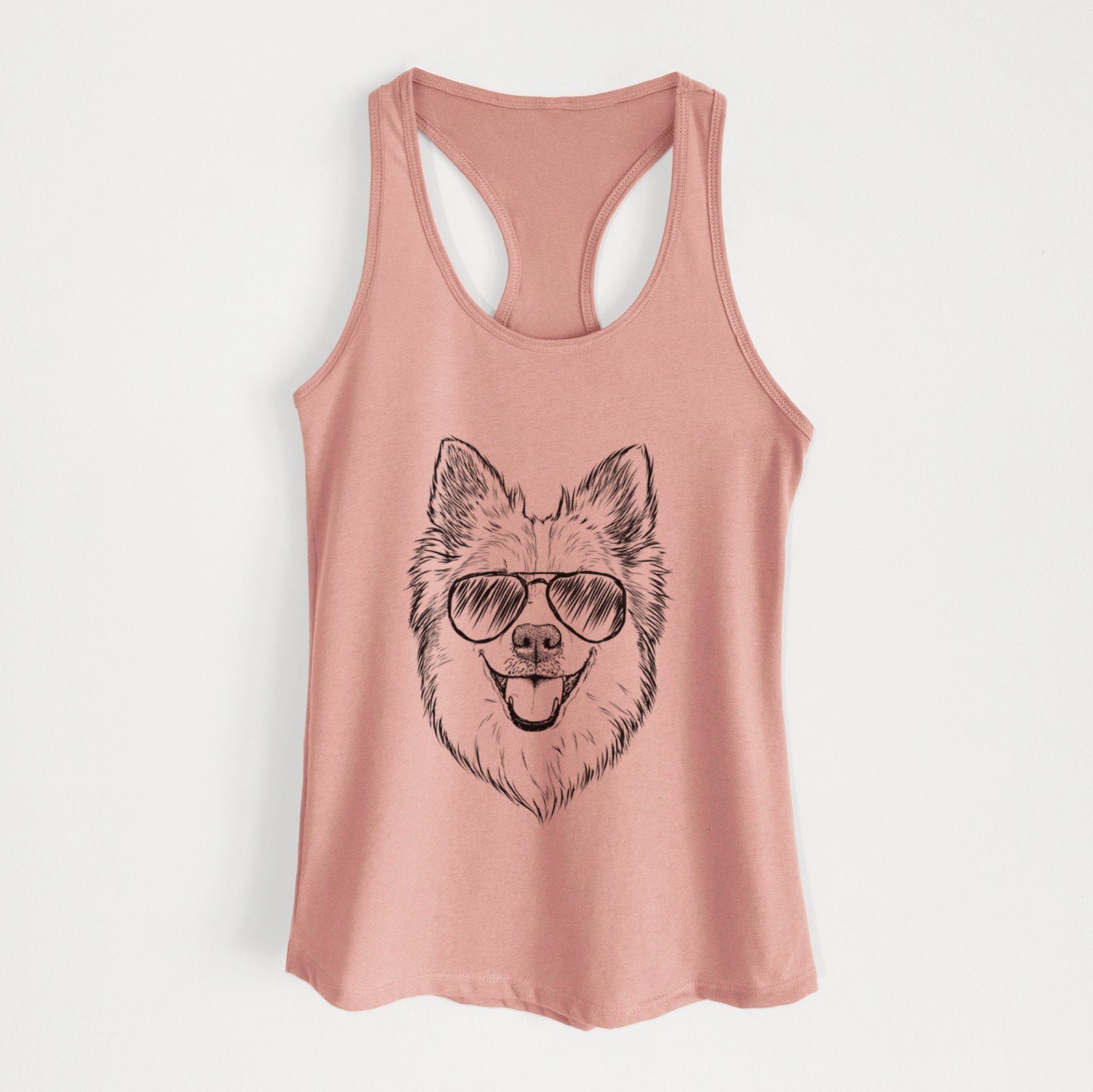 Hand-drawn sketch of Ari the Icelandic Sheepdog wearing aviator sunglasses on a Desert Pink Women's racerback tanktop