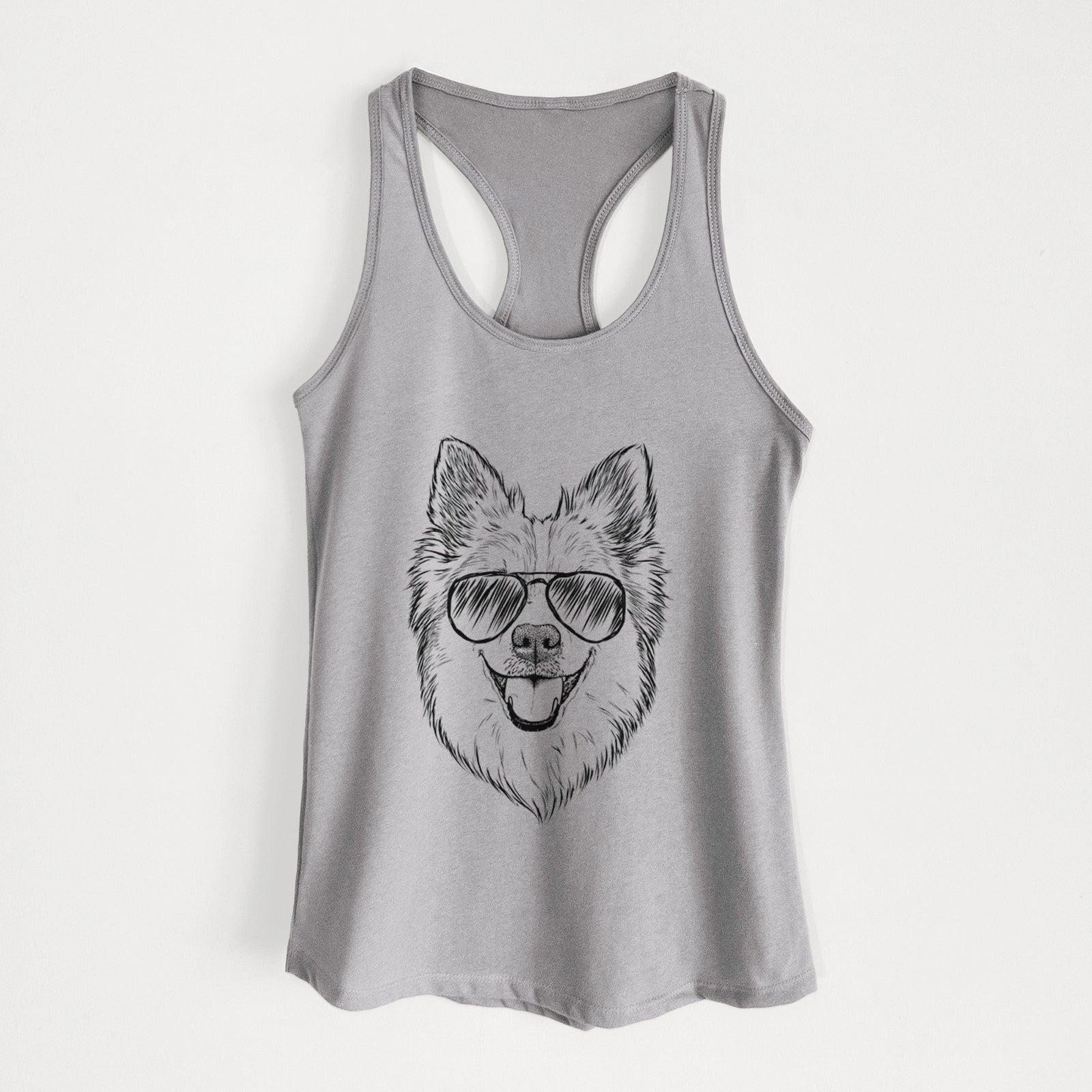 Hand-drawn sketch of Ari the Icelandic Sheepdog wearing aviator sunglasses on a Heather Grey Women's racerback tanktop