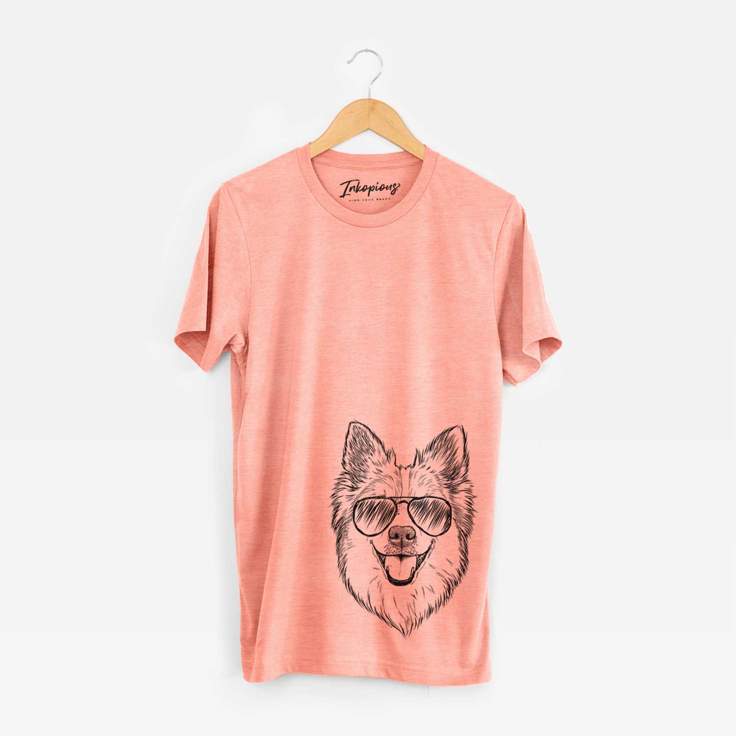 Hand-drawn sketch of Ari the Icelandic Sheepdog wearing aviator sunglasses on a Sunset Unisex crewneck