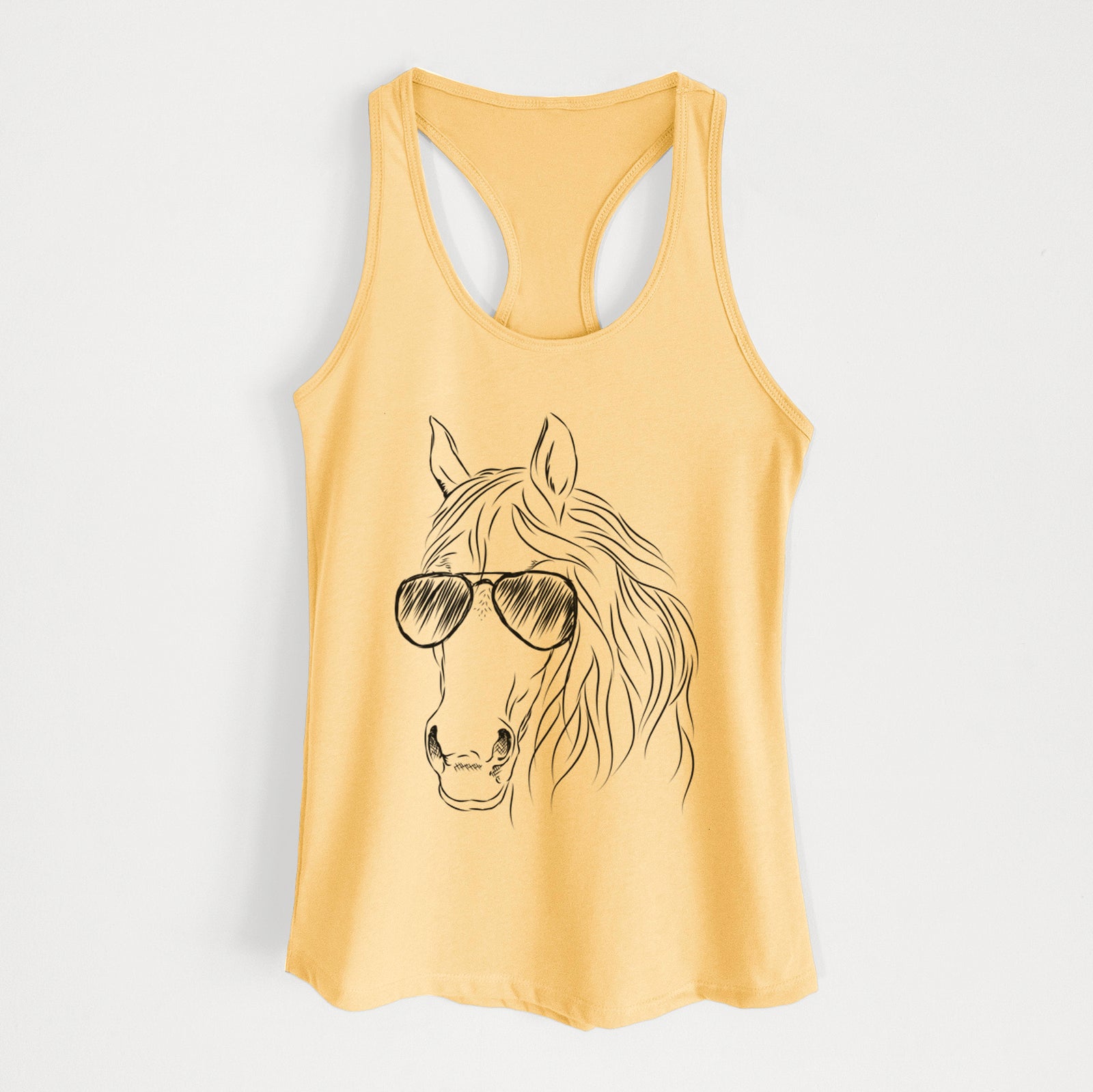 Hand-drawn sketch of Aria the Horse wearing aviator sunglasses on a Banana Cream Women's racerback tanktop