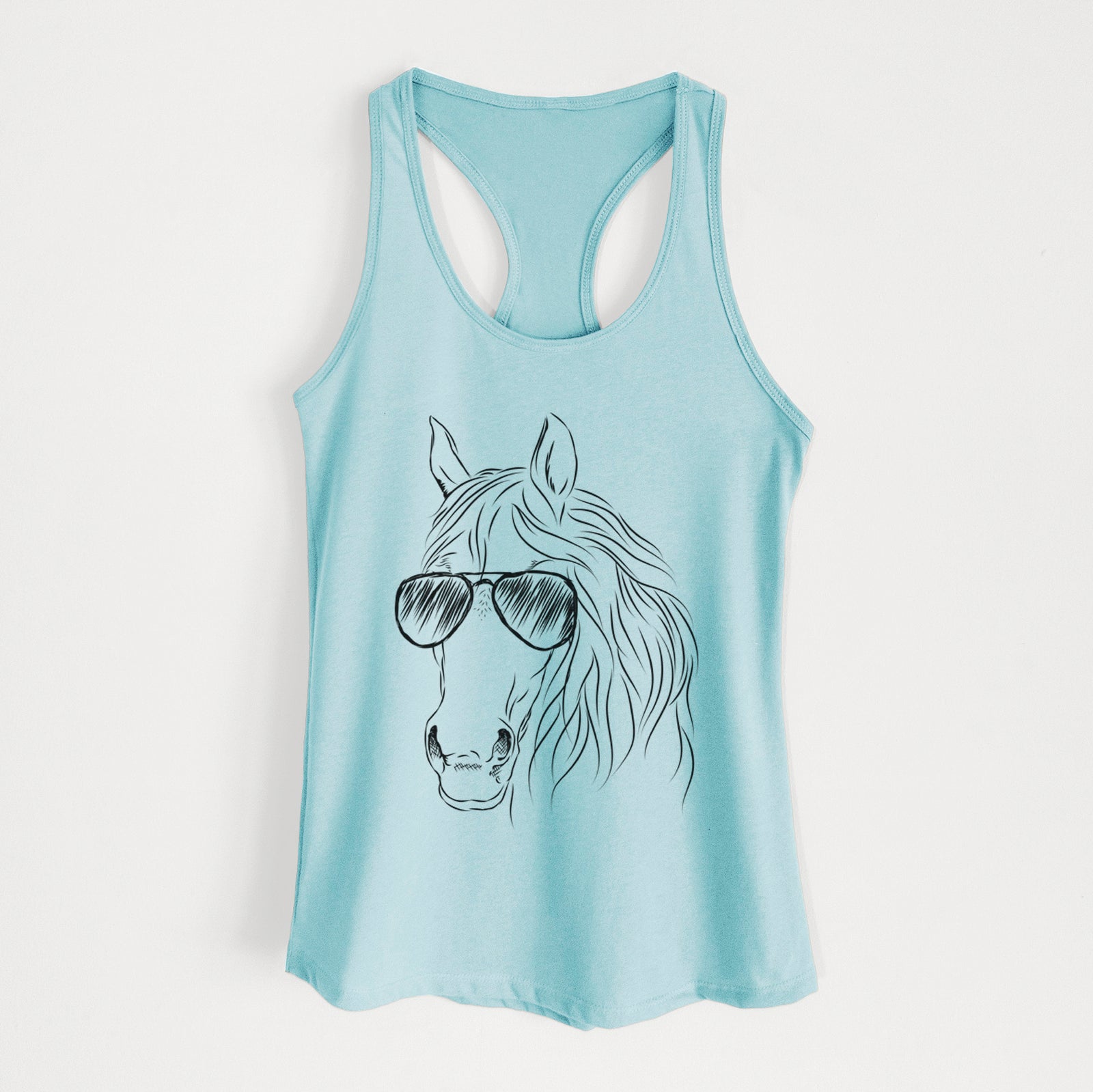 Hand-drawn sketch of Aria the Horse wearing aviator sunglasses on a Cancun Blue Women's racerback tanktop