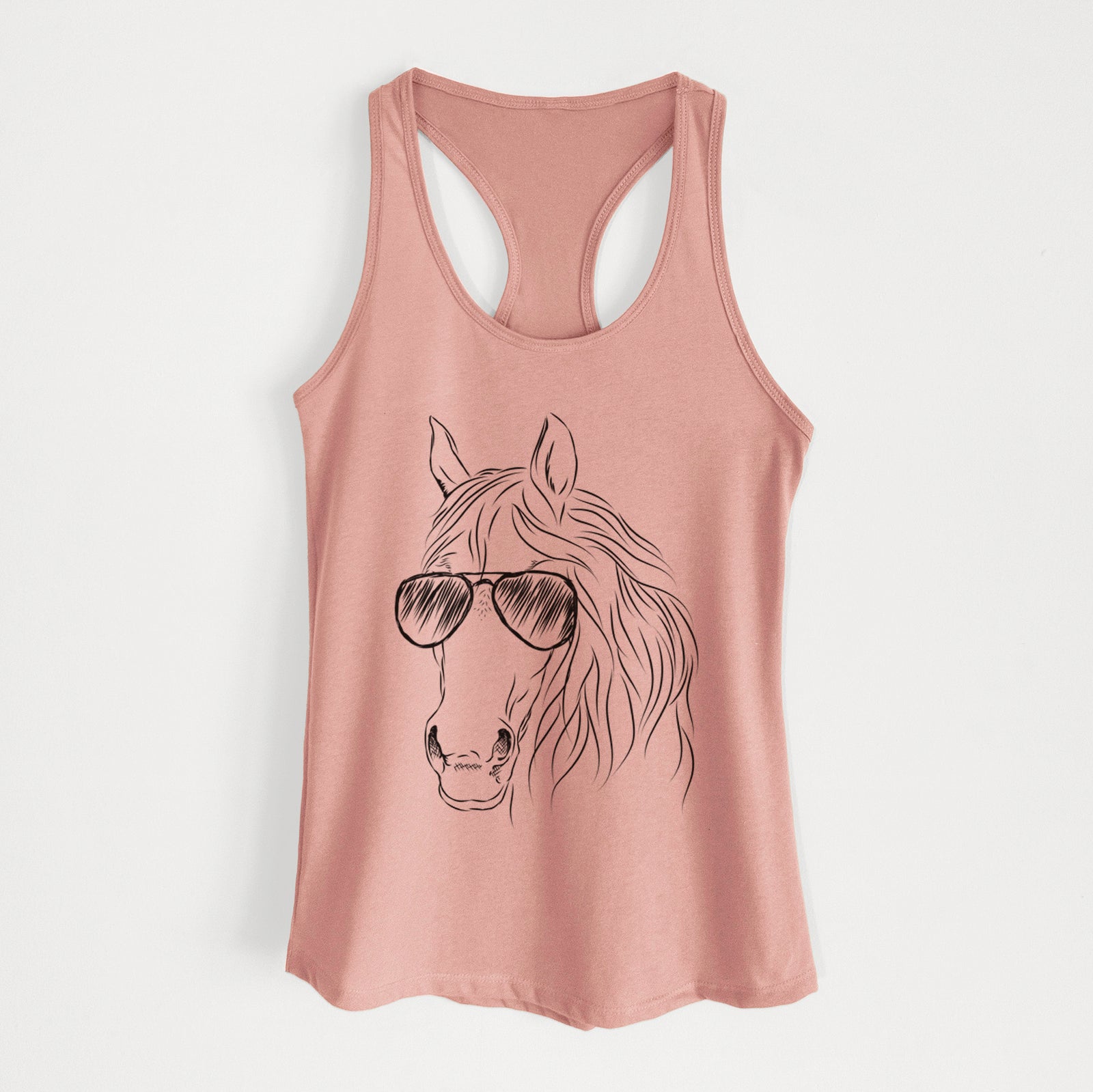 Hand-drawn sketch of Aria the Horse wearing aviator sunglasses on a Desert Pink Women's racerback tanktop